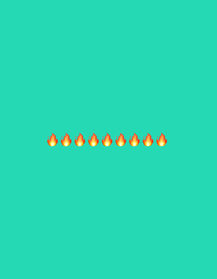The image shows a row of eight flame emojis lined up horizontally against a turquoise background.
