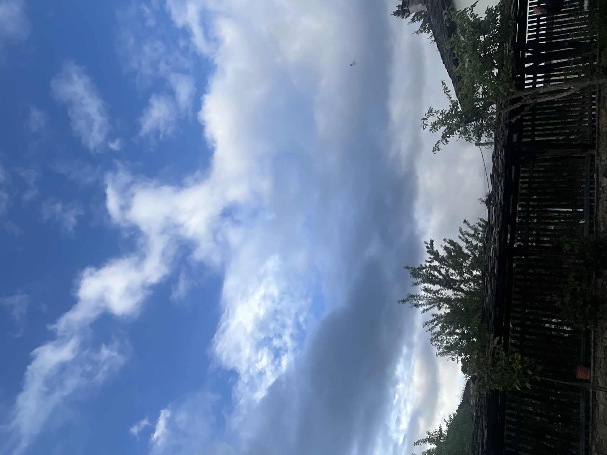 The image shows a view in Dolen, Bulgaria, featuring a sky filled with a combination of clear blue patches with fluffy white clouds and a large area of gray, overcast clouds. The right side of the frame shows a dark, possibly wooden or stone structure, with trees and greenery growing over it. In the distance, a small white object, possibly a bird or another airborne object, is visible within the clouds.