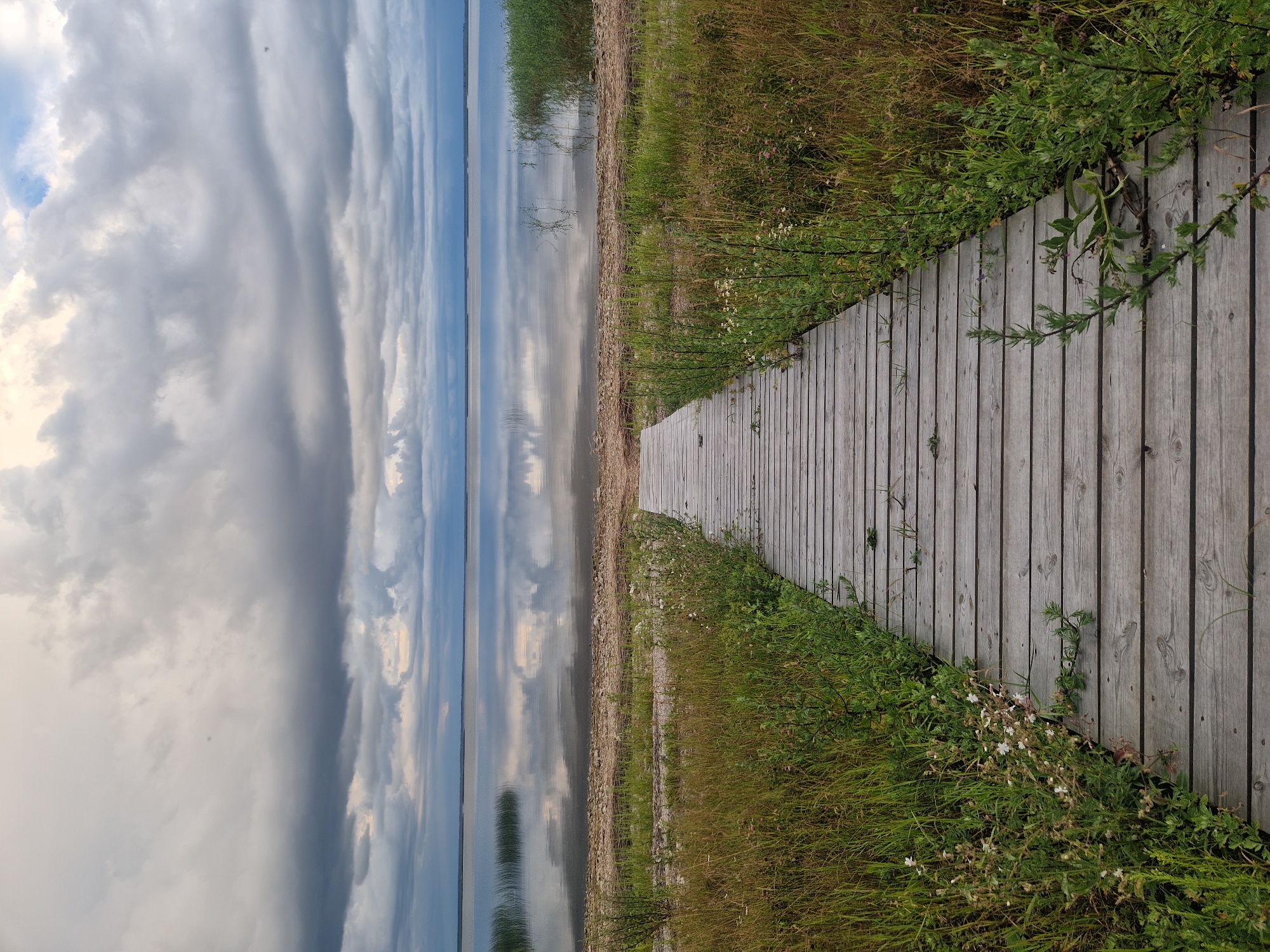 The image depicts a serene natural scene with a wooden boardwalk leading towards a calm body of water. The boardwalk, constructed from weathered grey wooden planks, runs diagonally across the right side of the frame, bordered by lush green grass and small wildflowers.
On the left, a vast expanse of water reflects the dramatic, overcast sky filled with swirling gray and white clouds. The reflections create a mirror image of the sky on the water's surface, adding a sense of depth and drama to the scene. The far horizon is a subtle line where the water meets the sky. Along the edge of the water, a thin strip of gravelly shore is visible, interspersed with dry grasses and reeds.
The time of day appears to be late afternoon or early evening, given the soft, diffused light and the dramatic cloud formations. The weather seems to be cloudy, possibly with a chance of rain, but the water is exceptionally still, indicating a lack of strong wind.
The location cues, such as the vegetation and the overall atmosphere, suggest a lakeside or coastal environment in a northern climate. The scene evokes a feeling of tranquility and introspection, inviting the viewer to walk along the boardwalk and contemplate the vastness of nature. There is no visible text in the image.