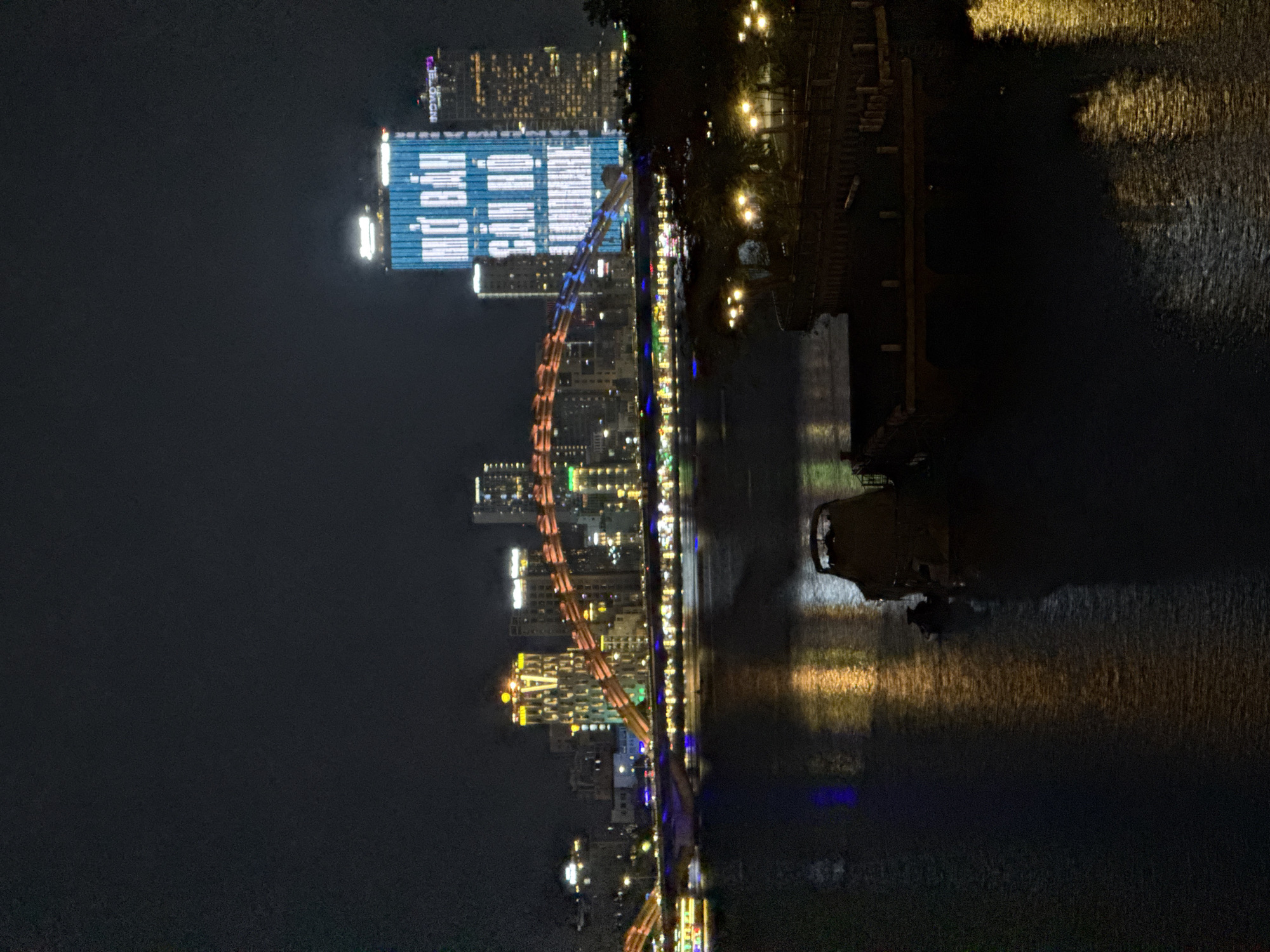 This image presents a vibrant night-time view of Da Nang, Vietnam, looking across a body of water, likely the Han River, towards a brightly lit city skyline.
The primary subjects are the illuminated cityscape and a distinctive bridge spanning the water. On the far bank, numerous buildings glow with lights, creating a bustling urban backdrop against the dark sky. A prominent skyscraper, displaying a large blue light panel, clearly shows the text "NOVOTEL PREMIER DANANG" in white letters across its facade. Another building nearby also features "NOVOTEL" in purple-pink illuminated letters.
The bridge, stretching across the middle ground, is adorned with colorful lights, showcasing sections glowing in orange-red and blue hues, suggesting a decorative lighting design often seen on Da Nang's iconic bridges.
The water in the foreground and midground reflects the city lights, creating long, shimmering streaks of yellow, orange, blue, and white across its dark surface. On the near bank, partially visible to the right, is a tree-lined area with warm-toned streetlights, which also contribute to the water's reflections. A dark, indistinct boat or structure can be seen on the water towards the right, with faint lights.
The scene captures the city at night, with no discernible human activity but conveying a sense of urban energy and beauty. The weather appears clear, allowing for distinct light patterns and reflections.