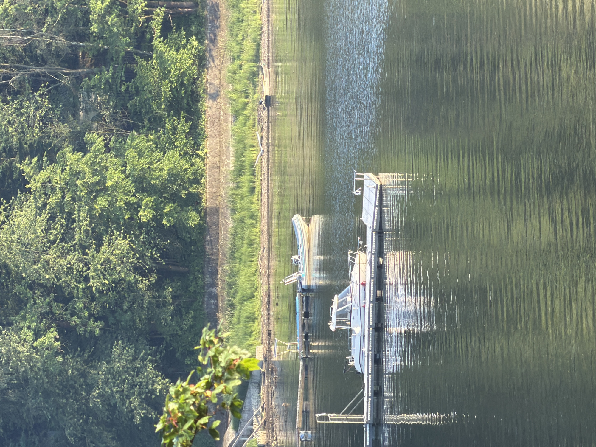 The image shows a body of water with several boats docked. In the foreground, a white motorboat is tied to a floating dock. Further out on the water, there is another smaller boat, possibly a dinghy, and a larger inflatable boat with a motor. The water is calm with ripples reflecting the sunlight and the surrounding trees. In the background, a lush green forest borders the water, with a stone embankment visible along the shoreline. There are no people visible in the image. The scene is set in Lipie, Poland.