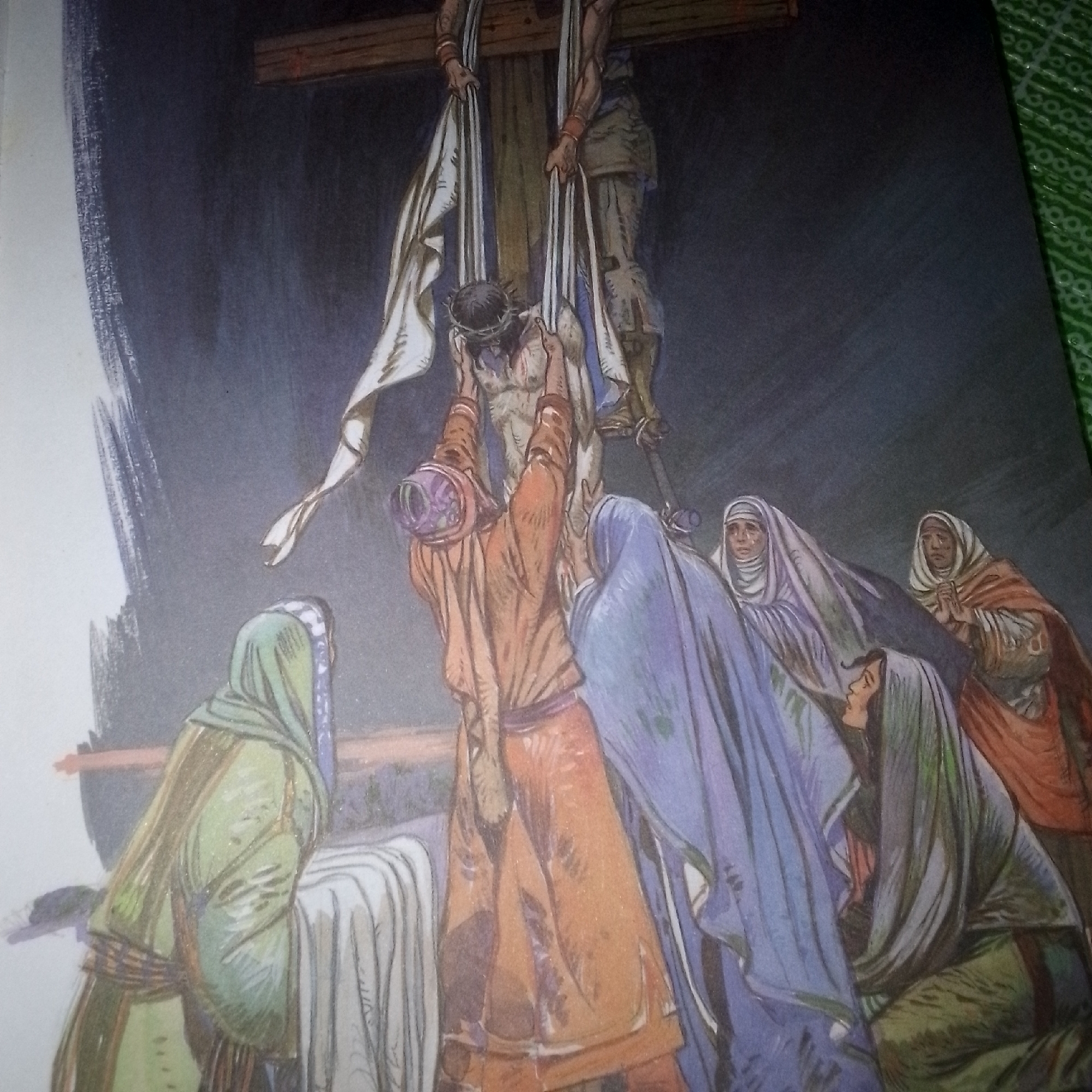 The image depicts a scene of the crucifixion. A man, presumably Jesus, is hanging on a cross, wearing a crown of thorns. Several individuals are gathered around the base of the cross, some are pulling down white cloths from the cross, and others appear to be in distress. The setting is dark and somber, with figures dressed in robes. There is no indication of a specific city or location.