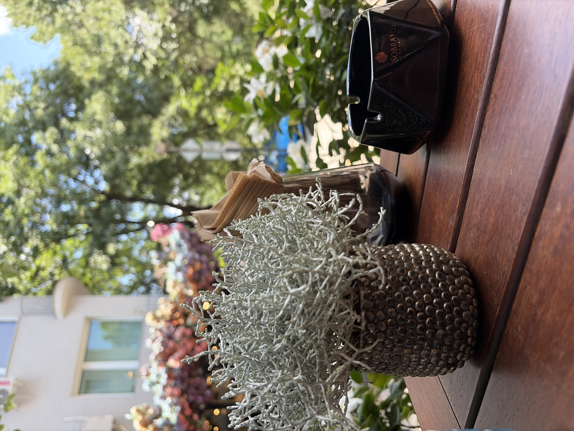 A close-up, eye-level shot captures a wooden table on an outdoor patio, likely in a city. In the foreground, a black, geometric ashtray with the Sobranie London logo sits to the right. To the left of the ashtray is a dark glass vase holding folded brown paper napkins, and next to that is a textured, metallic pot containing a silver-green, bushy plant. The background is blurred, showing greenery and the facade of a building, suggesting an urban setting. The scene is lit by natural daylight. The presence of the Sobranie ashtray and logo suggests this location might be a bar or establishment that serves this brand of cigarettes.