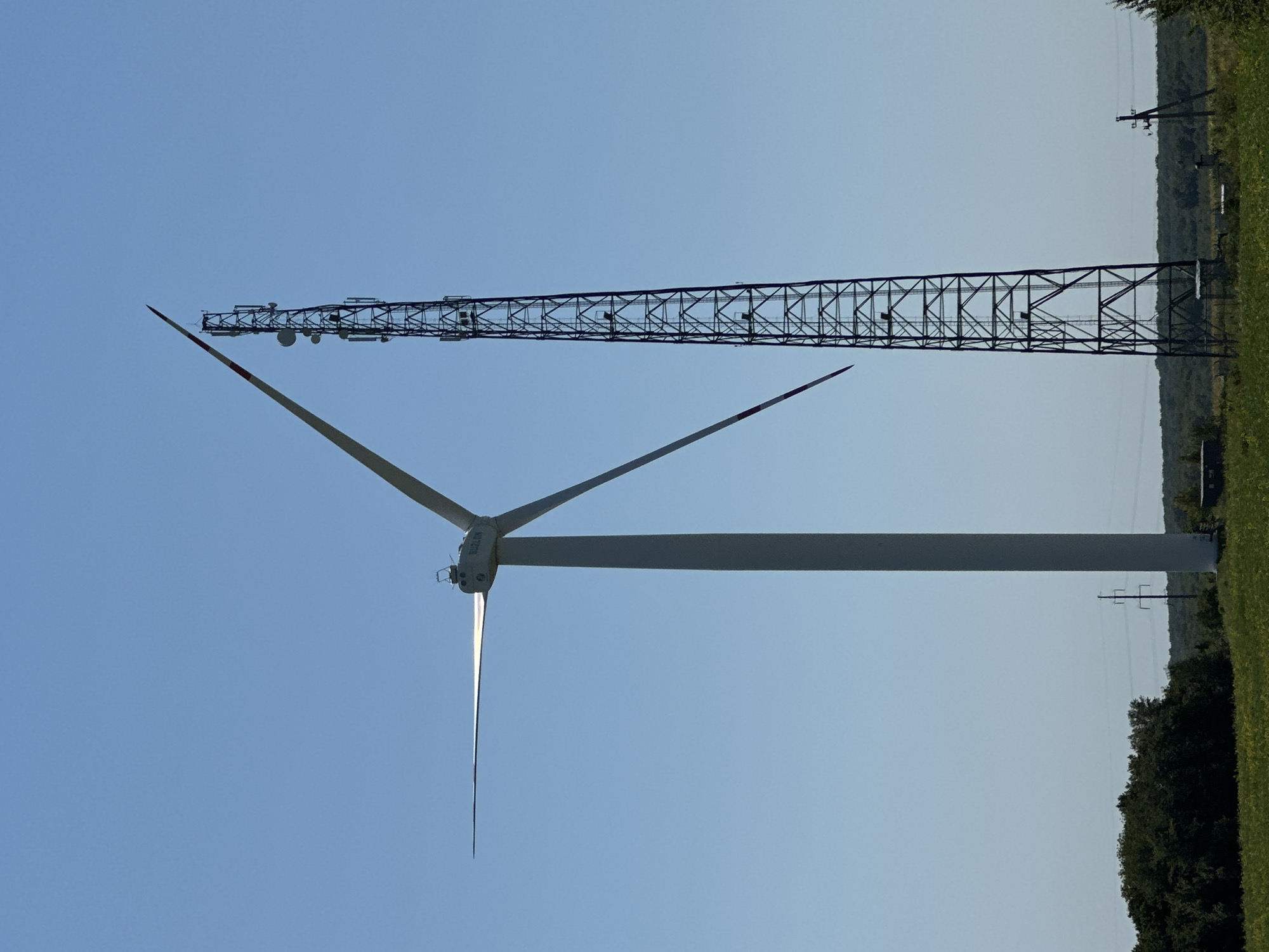 In Korchivka, Ukraine, a tall, white wind turbine stands against a clear blue sky. Its three blades extend outwards, with the left blade angled horizontally and the other two blades at roughly 120 and 240 degrees relative to the horizontal blade. To the right of the wind turbine, a dark metal lattice tower, likely a telecommunications tower, rises to a comparable height. This tower is equipped with multiple antennas and dishes. In the background, a line of green trees and vegetation stretches across the horizon. A power line pylon with insulators and wires is visible to the left of the wind turbine, closer to the ground. The foreground consists of a field with yellow wildflowers and green grass. The scene depicts an open, rural landscape under a bright, sunny day.
