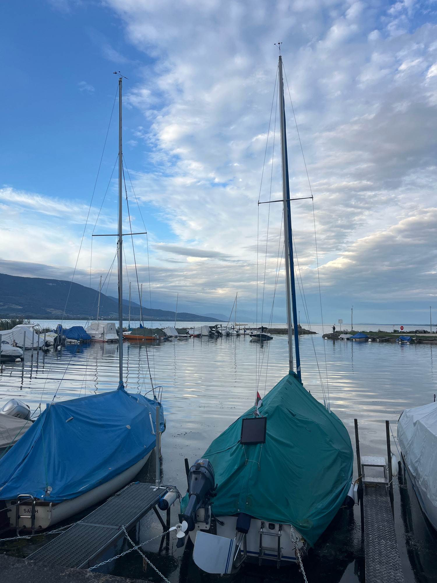 The image depicts a marina in Yverdon-les-Bains, Switzerland, under a cloudy sky. In the foreground, two sailboats are moored, their hulls covered with blue and green tarps respectively. A metal gangway connects the boat on the left to a dock. An outboard motor is visible on the stern of the boat on the right. In the middle ground, several other boats are docked, some covered and others partially visible. Beyond the marina, a body of water stretches towards a distant shoreline with mountains. A few figures are visible on the breakwater in the distance. The overall scene suggests a quiet, early morning or late afternoon in a lakeside town.