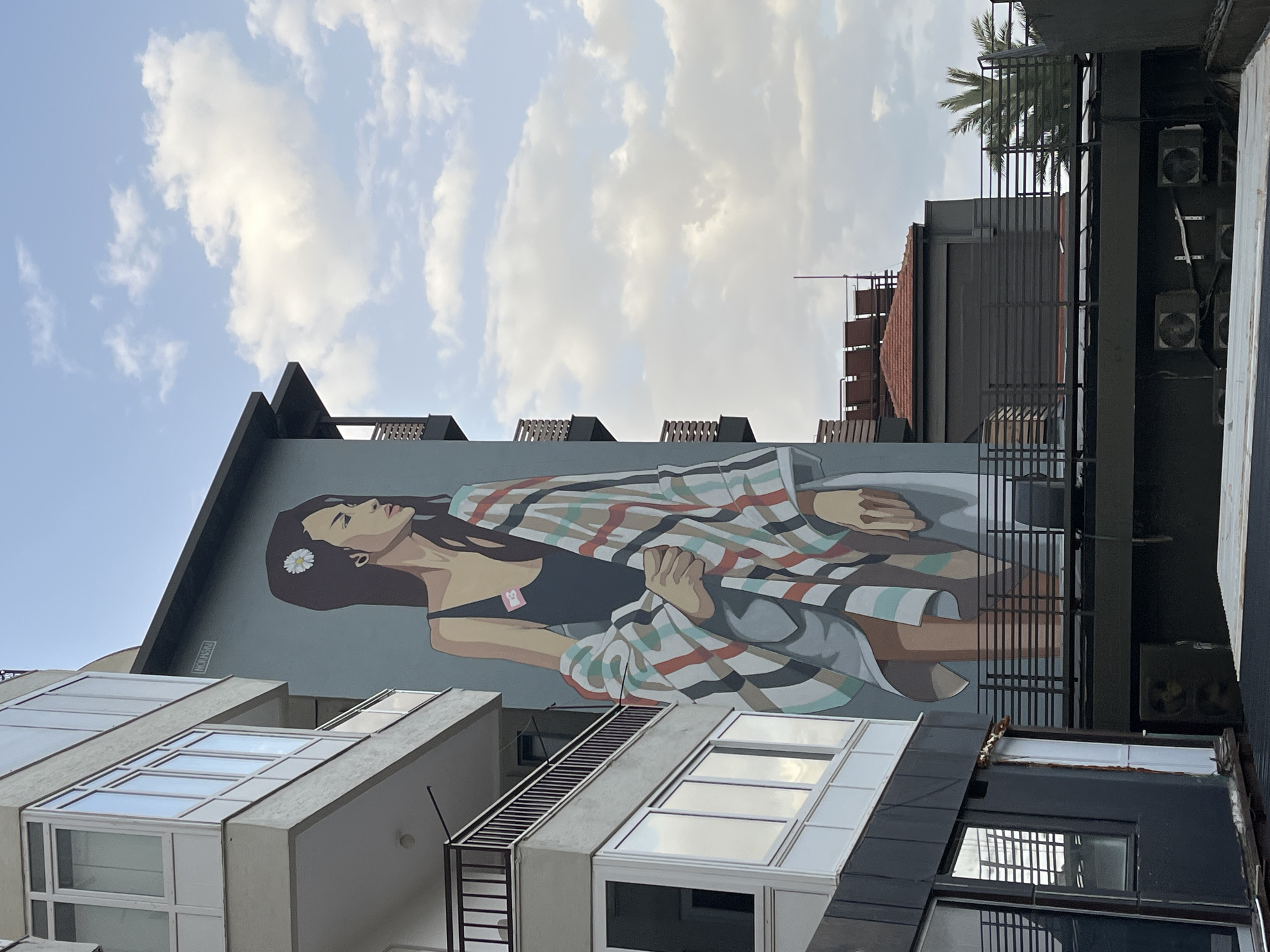 A mural adorns the side of a building in Alanya, Turkey. The mural depicts a woman with dark hair, a flower behind her ear, and a striped blanket. She wears a black top with a pink ribbon. The building is surrounded by other buildings, with windows and balconies visible. The sky is partly cloudy. Air conditioning units can be seen on the side of a dark building.