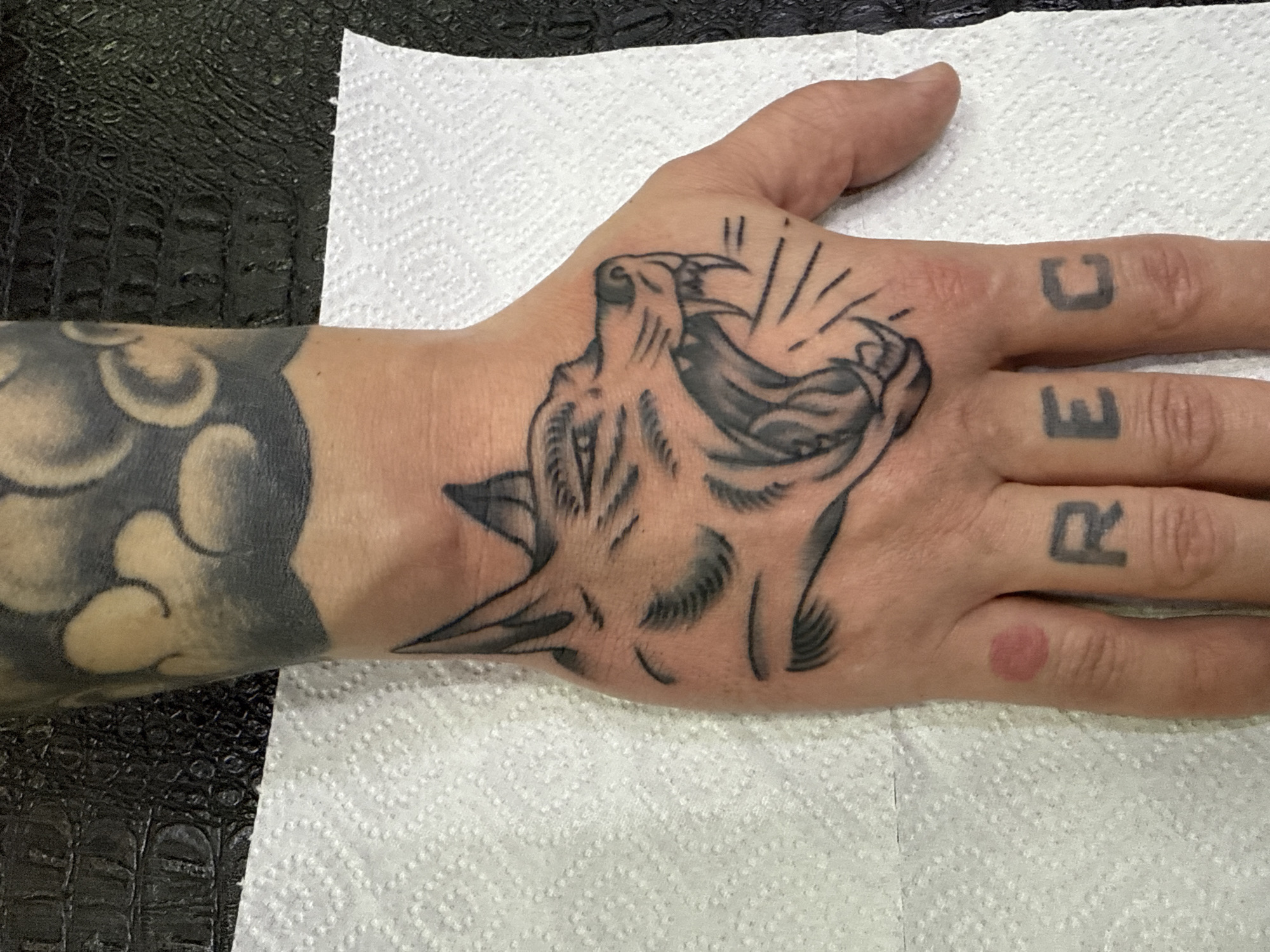 A close-up photograph shows a person's left hand with tattoos. The hand is placed on a white paper towel. The hand displays multiple tattoos: a roaring wolf head on the back of the hand, the letters "REC" tattooed on the fingers, and another tattoo, partially visible, on the wrist resembling cloud-like shapes. The background includes a surface with a dark, textured, possibly reptilian-like pattern. No specific location in Moscow, Russia, is identifiable from the image.