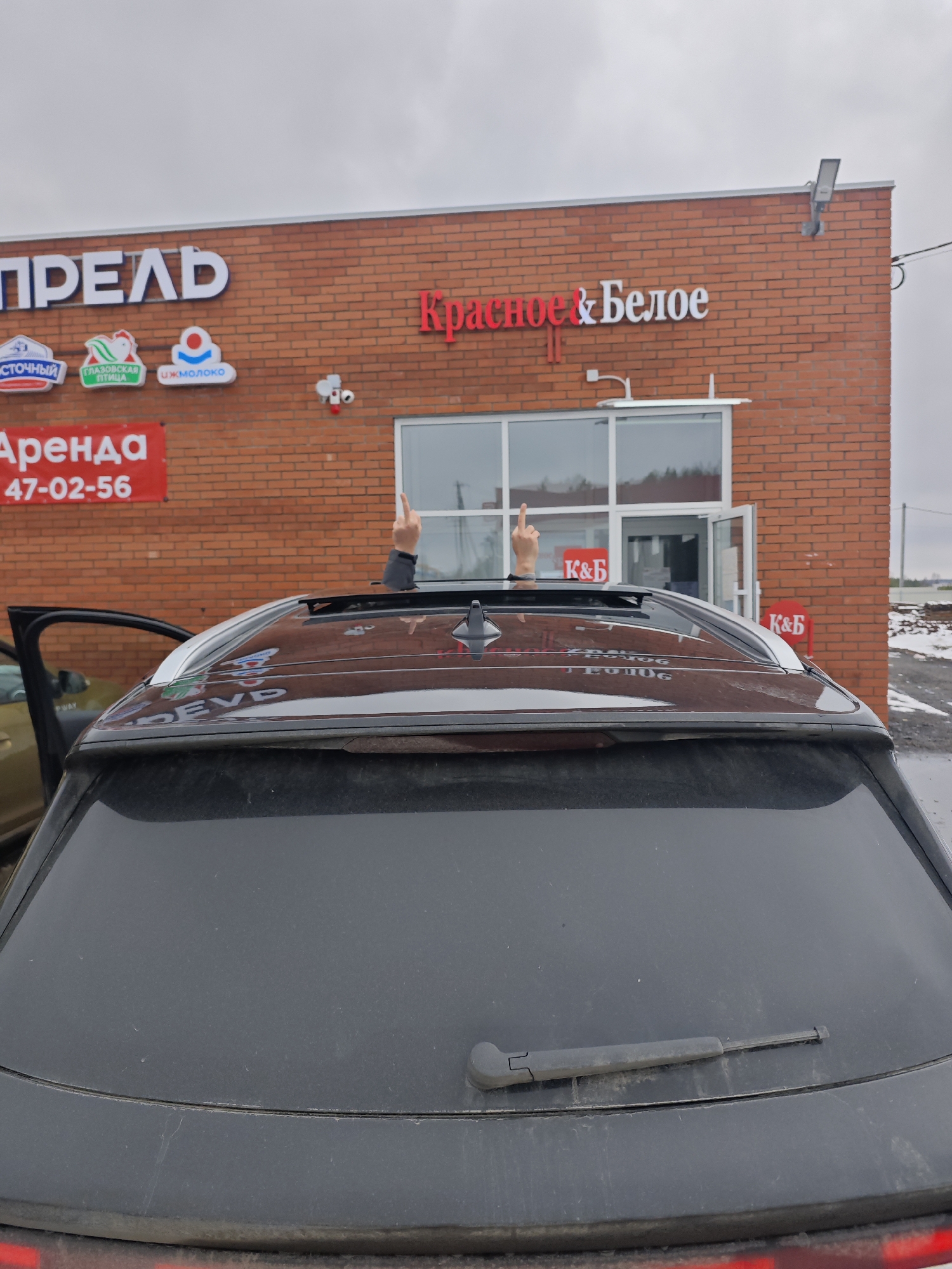 A black SUV with an open sunroof is parked in front of a "Krasnoe & Beloe" (Красное & Белое) store in Гольяны, Russia. Two middle fingers are extending from the sunroof. The store's sign is visible, along with other signage advertising rental space (Аренда) and local dairy/poultry brands (СТОЧНЫЙ, ГЛАЗОВСКАЯ ПТИЦА, ижмолоко). The weather appears overcast. The SUV's rear window has a visible wiper blade. A partially visible car, appears to be an light olive green or light gold is partially seen on the driver side.