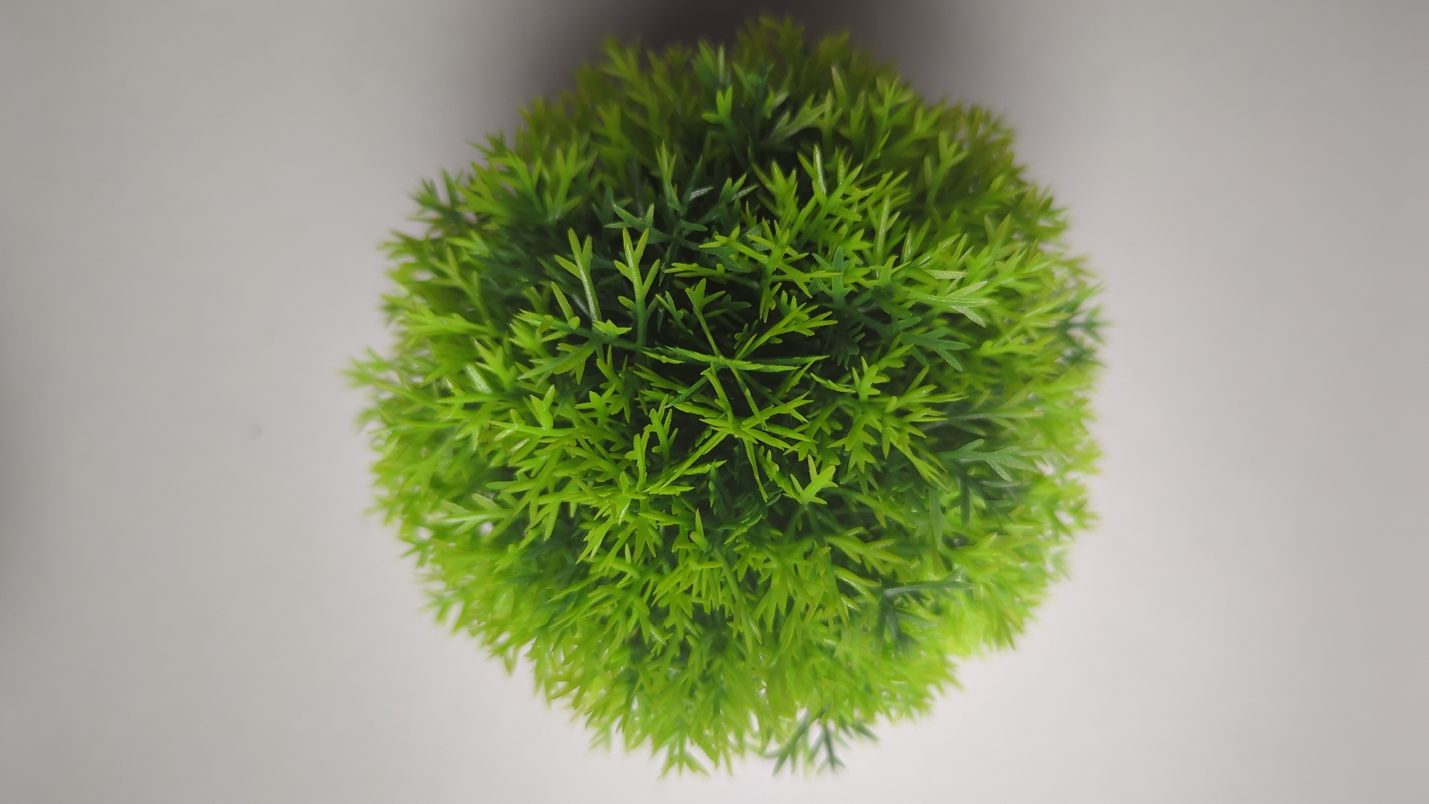The image is a top-down, close-up view of a spherical, artificial green plant against a plain, light gray background. The plant is dense with thin, feathery leaves that create a textured, circular shape. There is a subtle shadow cast by the plant on the background. The location in the city of Penjor, Indonesia, is not discernible from the image.