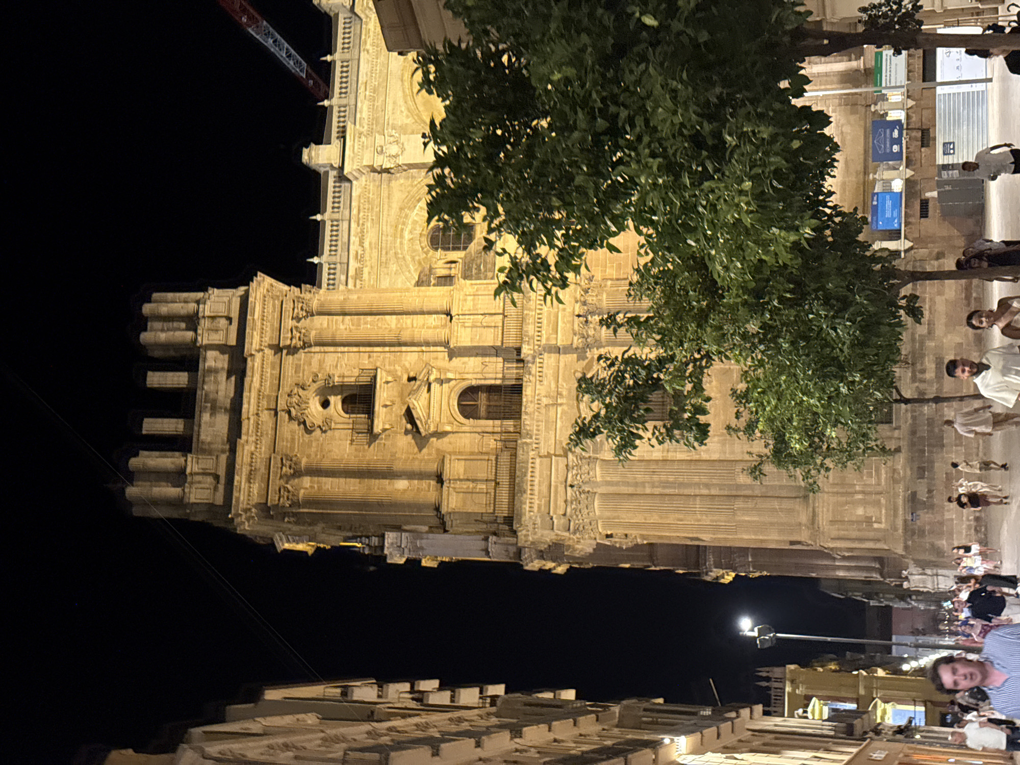 In Málaga, Spain, at night, a street scene is captured with a prominent illuminated building resembling a cathedral or large church on the right. The architecture is ornate, featuring columns, arched windows, and decorative stonework, all bathed in warm yellow light against a dark sky. To the left of the building, a street lined with multi-story structures with balconies is visible, also lit by artificial light. Several trees with dense green foliage are positioned in front of the main building, partially obscuring it. A group of people are walking along the street in the foreground and mid-ground, dressed in casual clothing. The atmosphere appears lively, suggesting an evening promenade or gathering. A construction crane is partially visible in the upper right corner of the image, hinting at ongoing urban development.