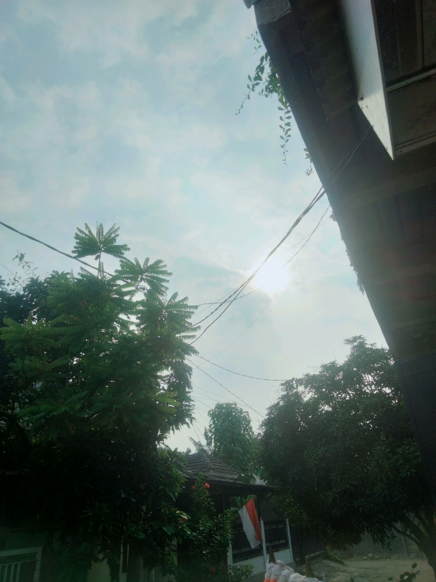 This image depicts a view looking upwards towards the sky, with a bright sun partially obscured by clouds, casting a bright light. The foreground is dominated by lush green trees with distinct, fan-like leaf structures on the left side. To the right, a dark, angular overhang of a building, possibly a roof or balcony, juts into the frame. Wires are visible crisscrossing the sky. Below the trees and to the right, a roofline of a building with dark tiles is visible. A small Indonesian flag, red and white, is hanging vertically on the side of a building in the middle ground. The environment appears to be outdoors, likely in a residential or semi-rural area. Given the presence of the Indonesian flag, it is plausible this scene is located in Indonesia, and more specifically, Tangerang, Indonesia, as requested. There are no people or animals clearly visible in the frame. The overall impression is one of a bright, slightly overcast day with natural elements and man-made structures.