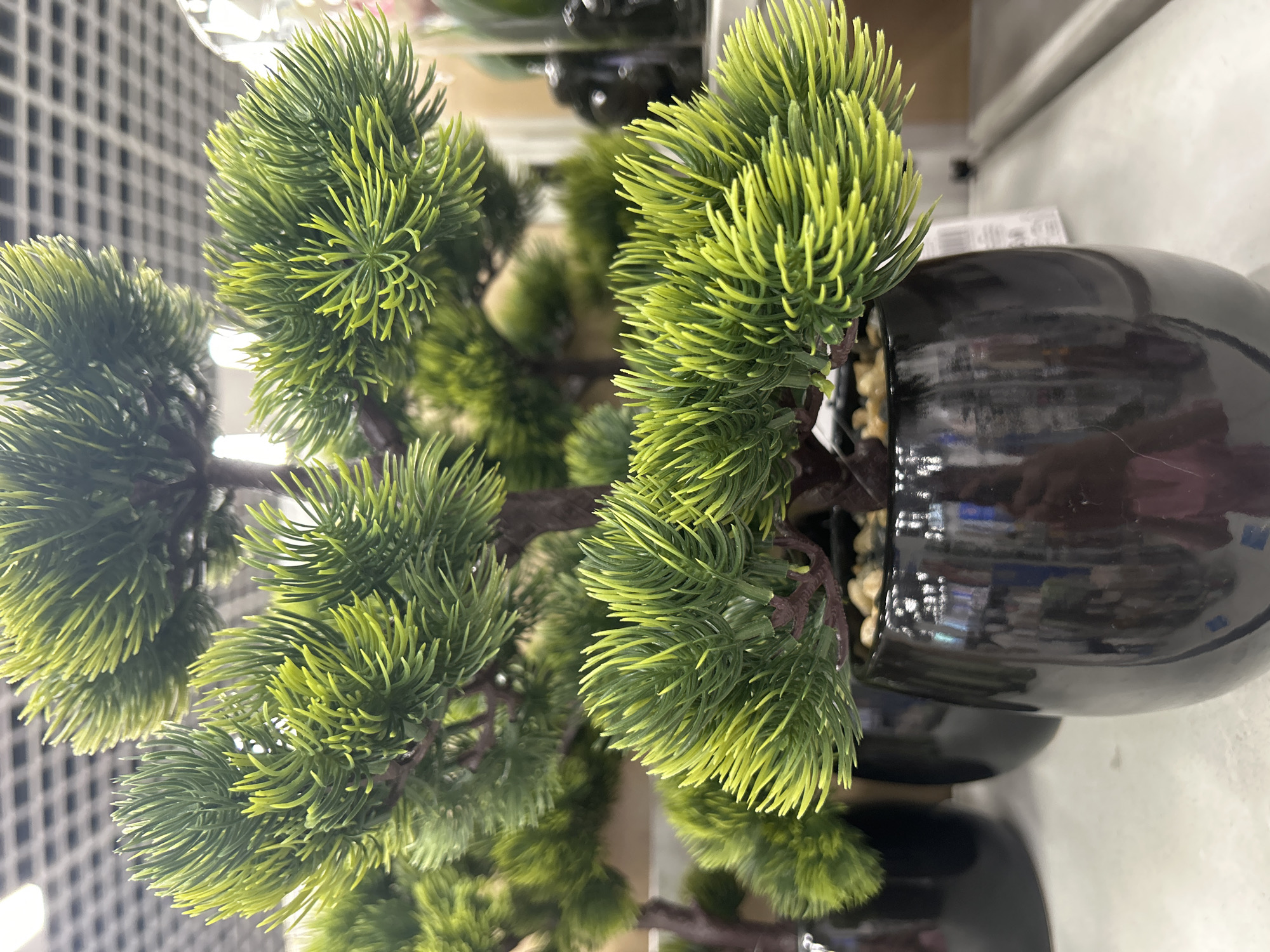 The image shows an artificial bonsai tree in a glossy black pot. The tree has green needle-like foliage arranged in clusters. Small, light-colored pebbles are visible around the base of the tree inside the pot. The background includes a grid pattern and other blurry objects suggesting a retail or display setting. The location is unknown; there is nothing in the image to suggest it is in Varna, Bulgaria.