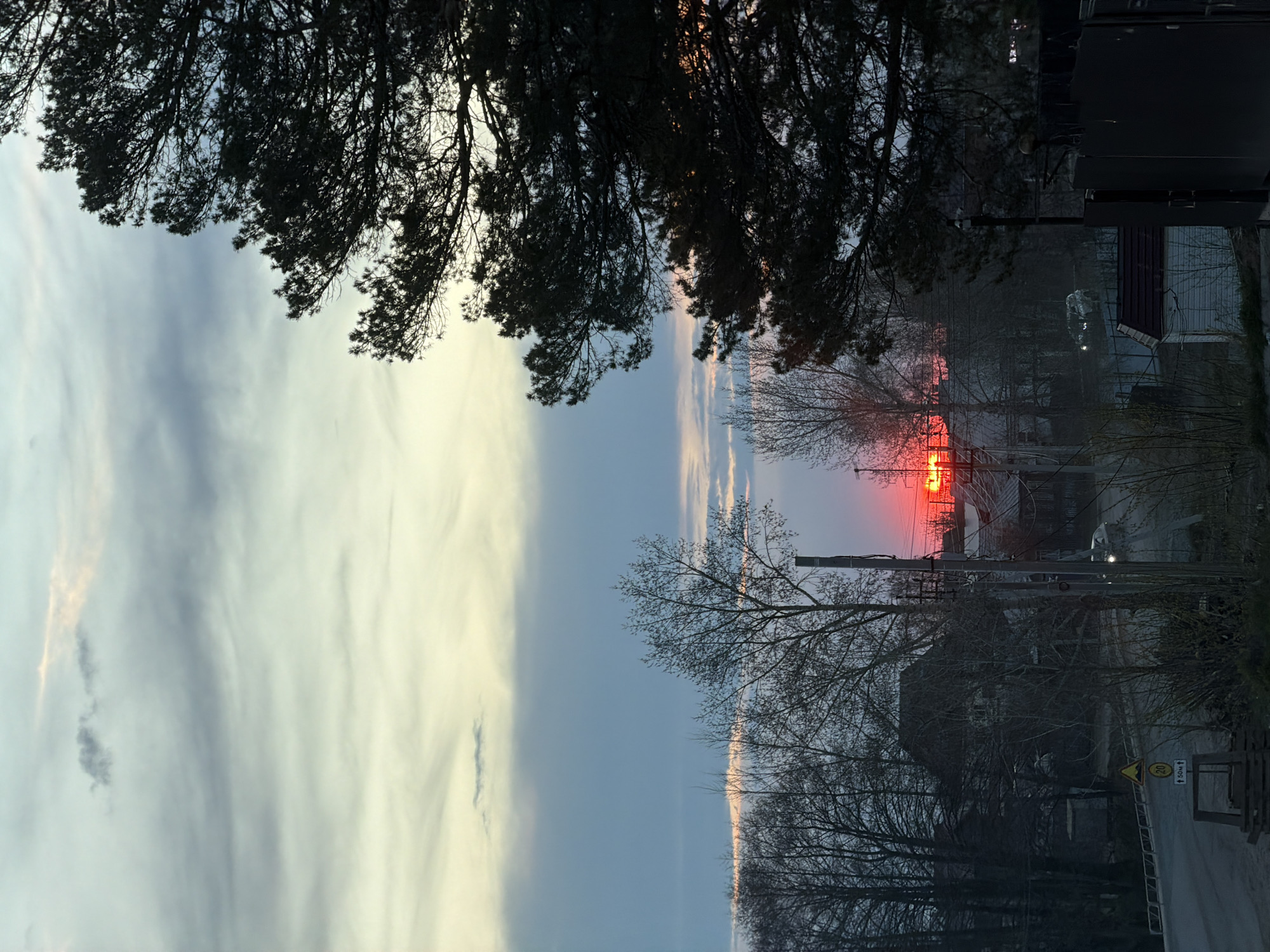 The image depicts a street scene in Chaikovsky, Russia at sunset. The sky is split, with one side showing a cloudy, bright sky and the other the setting sun. Silhouetted trees frame the top and bottom of the view. In the foreground, there are bare trees and glimpses of houses. Powerlines and a speed limit sign are also visible. The setting sun appears as a bright red glow, partially obscured by buildings and foliage.