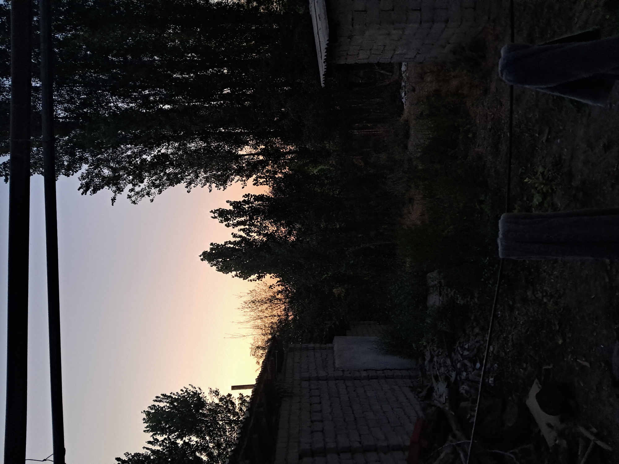 The image shows a backyard scene at dusk. In the foreground, a clothesline runs horizontally across the frame, with two dark-colored towels hanging from it. To the left, a low-lying brick structure with a corrugated roof is visible, and piles of debris are scattered on the ground. To the right, another small brick structure with a similar roof is present. Behind these structures, a dense cluster of trees forms a dark silhouette against the pale twilight sky. The sky exhibits a gradient of soft colors, transitioning from a light orange near the horizon to a pale blue higher up. Two dark, horizontal pipes are positioned at the top of the image, running across the frame. The overall lighting suggests it is either early morning or late evening.