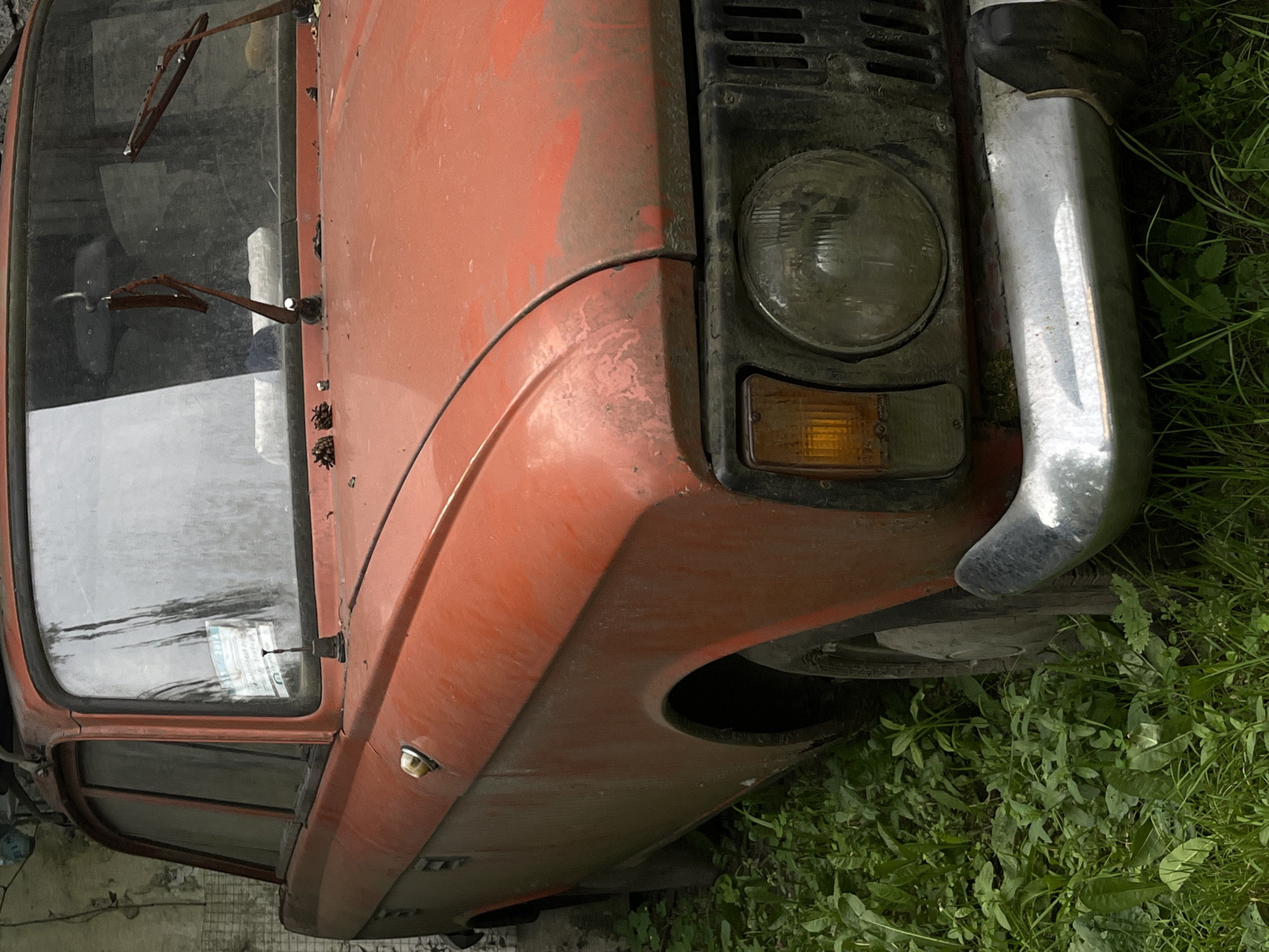 The image shows the front passenger side of an old, orange vehicle, possibly a Lada, parked outdoors. The vehicle is covered in a layer of dust and appears to be weathered. Visible parts include the windshield with two rusty windshield wipers, the driver's side door and window, the front fender, the headlight assembly with a yellow turn signal, and a chrome bumper. The vehicle is surrounded by lush green grass and foliage, suggesting it's in a rural or overgrown area. The lighting suggests it is daytime, and the weather appears to be overcast or the lighting is diffused. There is some visible text on a sticker inside the windshield, appearing to be a registration sticker dated "2012". The scene evokes a sense of neglect or abandonment, with the car being overtaken by nature. The location context of Lviv, Ukraine, places this scene in Eastern Europe.