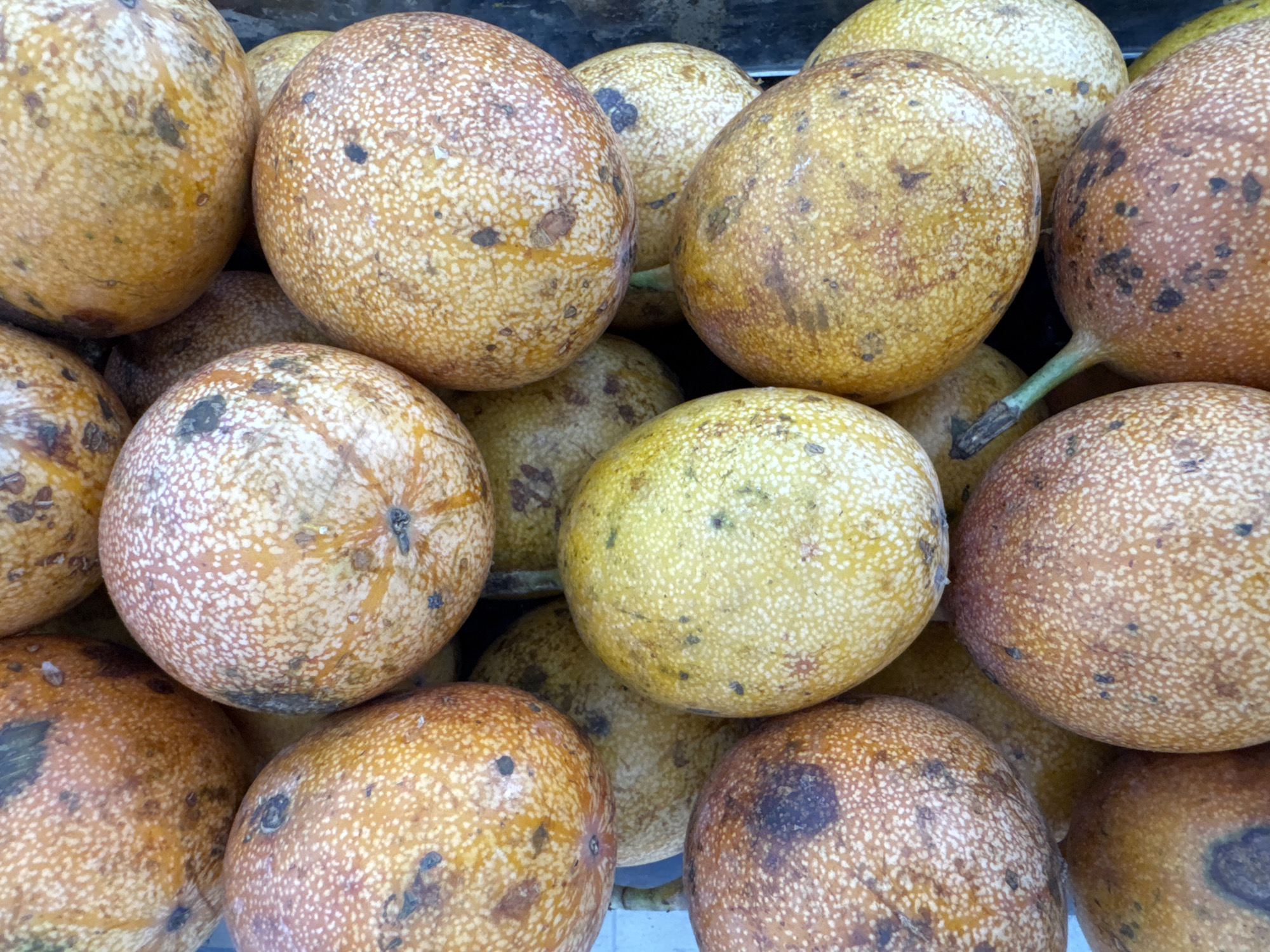 The image shows a close-up of a pile of passion fruit. The fruits are round to slightly oval, with mottled skin in shades of yellow, brown, and tan. Some fruits have stems attached. The location is Kuta Selatan, Indonesia.