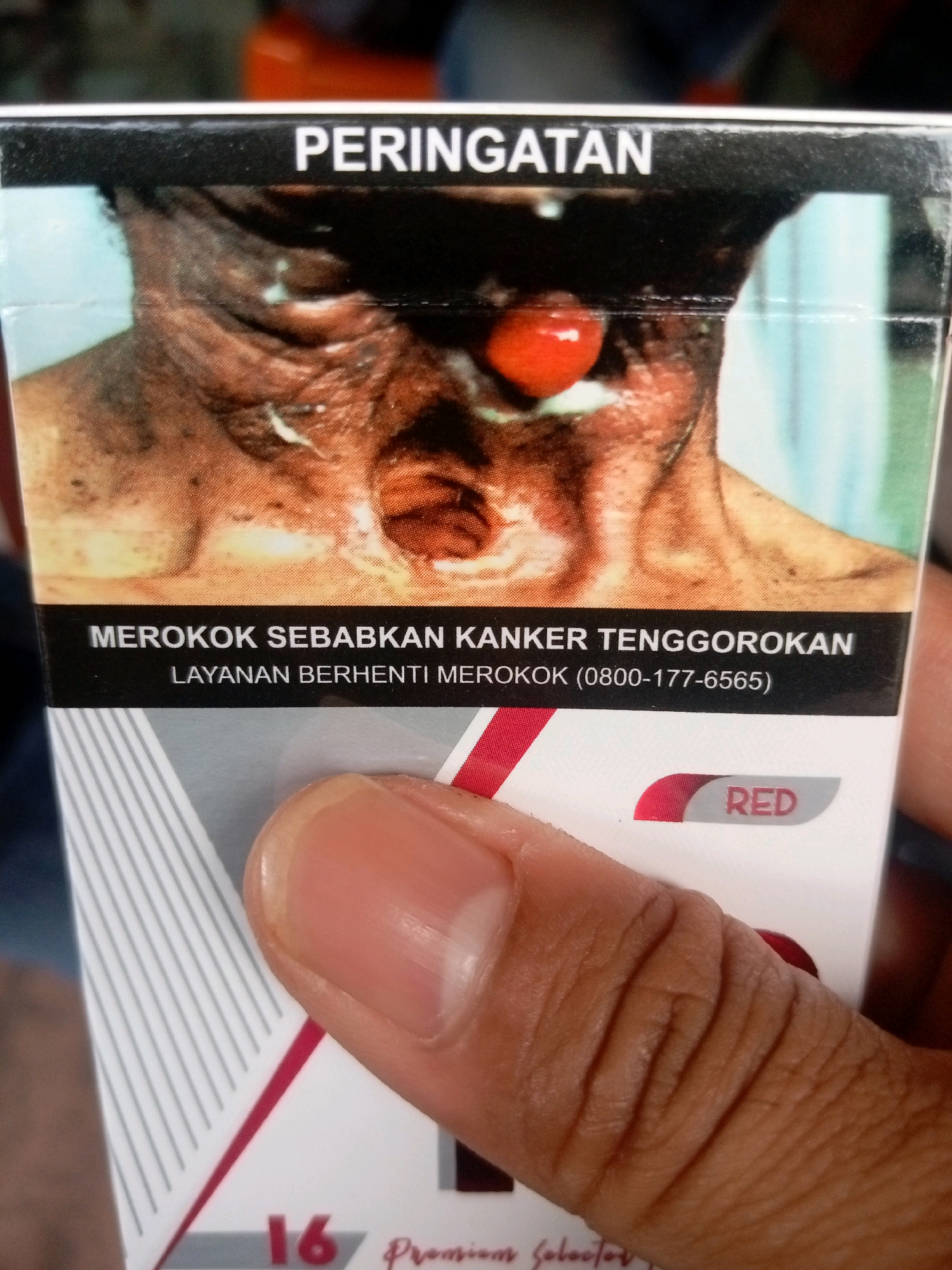 This image shows a close-up view of a cigarette pack with a graphic health warning in Indonesian. The warning depicts a discolored, swollen neck with a tumor-like growth and reads "PERINGATAN" (Warning), "MEROKOK SEBABKAN KANKER TENGGOROKAN" (Smoking causes throat cancer), and "LAYANAN BERHENTI MEROKOK (0800-177-6565)" (Quit Smoking Service). Below the warning, a red and white diagonal stripe pattern is visible, along with the word "RED" in a rounded red badge, indicating the cigarette brand. A person's thumb and index finger are holding the pack, obscuring the lower portion of the image, which appears to be a patterned design and the number "16" followed by "Premium Selection". The background is blurred and suggests an indoor setting, possibly a retail environment or personal space.
There is no information in the image to suggest its location in Batam, Indonesia, or any specific city. The image is a general depiction of a product packaging with health warnings.
