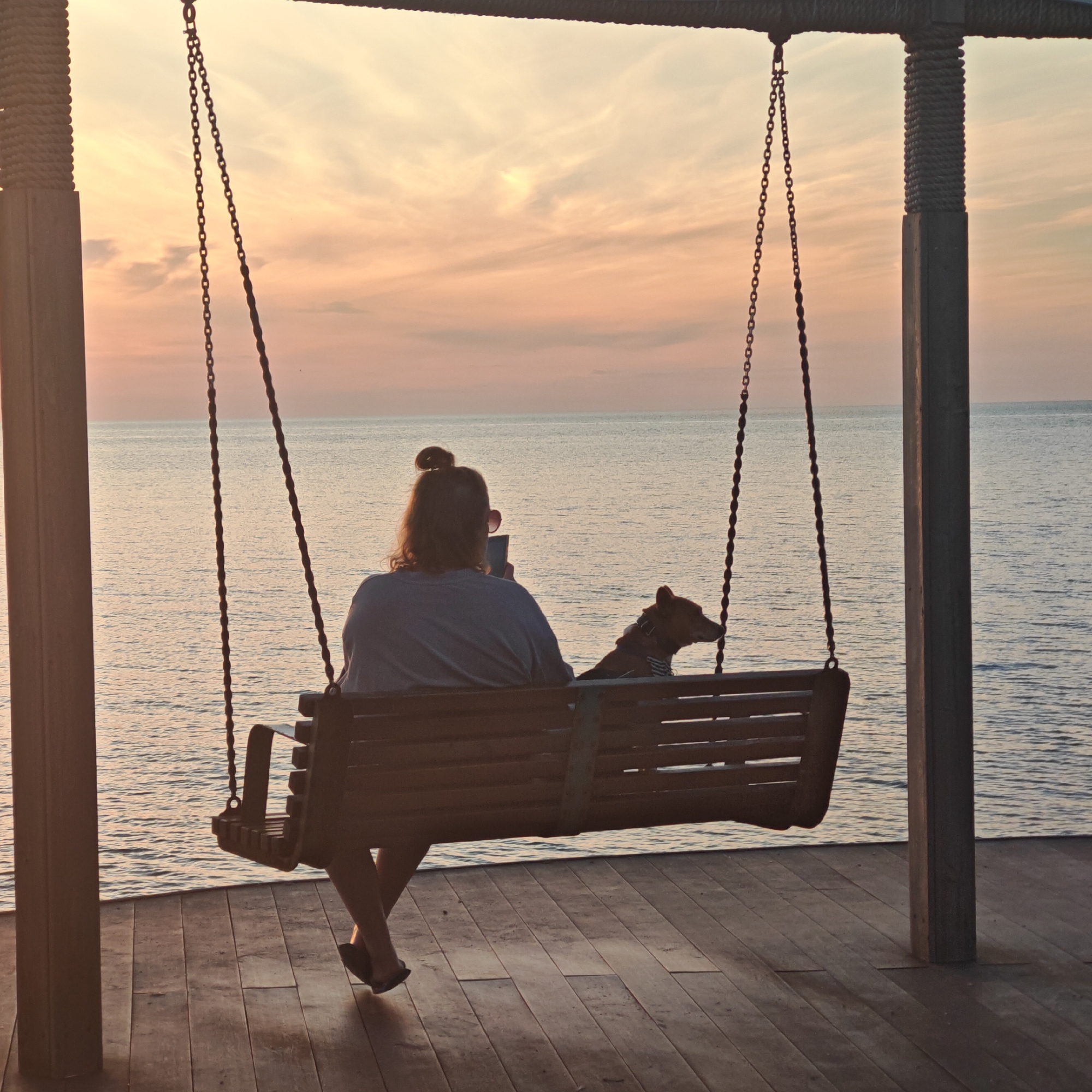 The image depicts a serene outdoor scene at either sunrise or sunset, set in the city of Unknown, Unknown. A wooden swing bench, suspended by dark metal chains and ropes, occupies the foreground on a wooden dock or pier.
One individual is seated on the swing, facing away from the viewer and towards a vast body of water. The individual has light-colored hair styled in a high bun and is wearing a light-toned, loose-fitting top. They are holding a rectangular device, consistent with a smartphone, at eye level, appearing to observe or capture the scenic view. One leg is visible, bent at the knee, with a dark-colored sandal or flip-flop on the foot.
Adjacent to the individual on the swing is a medium-sized dog with short, reddish-brown fur, wearing a collar and a striped bandanna around its neck. The dog is also facing the water, looking attentive. Both the individual and the dog are positioned to observe the horizon.
The wooden dock floor is constructed from uniformly laid planks. Two robust vertical posts support the overhead structure from which the swing hangs. The post on the right is notably thicker and wrapped in a dense pattern of dark rope near its upper section.
The background features a calm, expansive body of water, likely a sea or large lake, reflecting the soft colors of the sky. The sky above presents a gradient of warm hues, transitioning from pale orange and pink near the horizon to lighter yellows and blues higher up, with scattered, wispy clouds. The lighting is soft and warm, indicative of the golden hour, casting a gentle glow over the scene and creating a tranquil atmosphere.