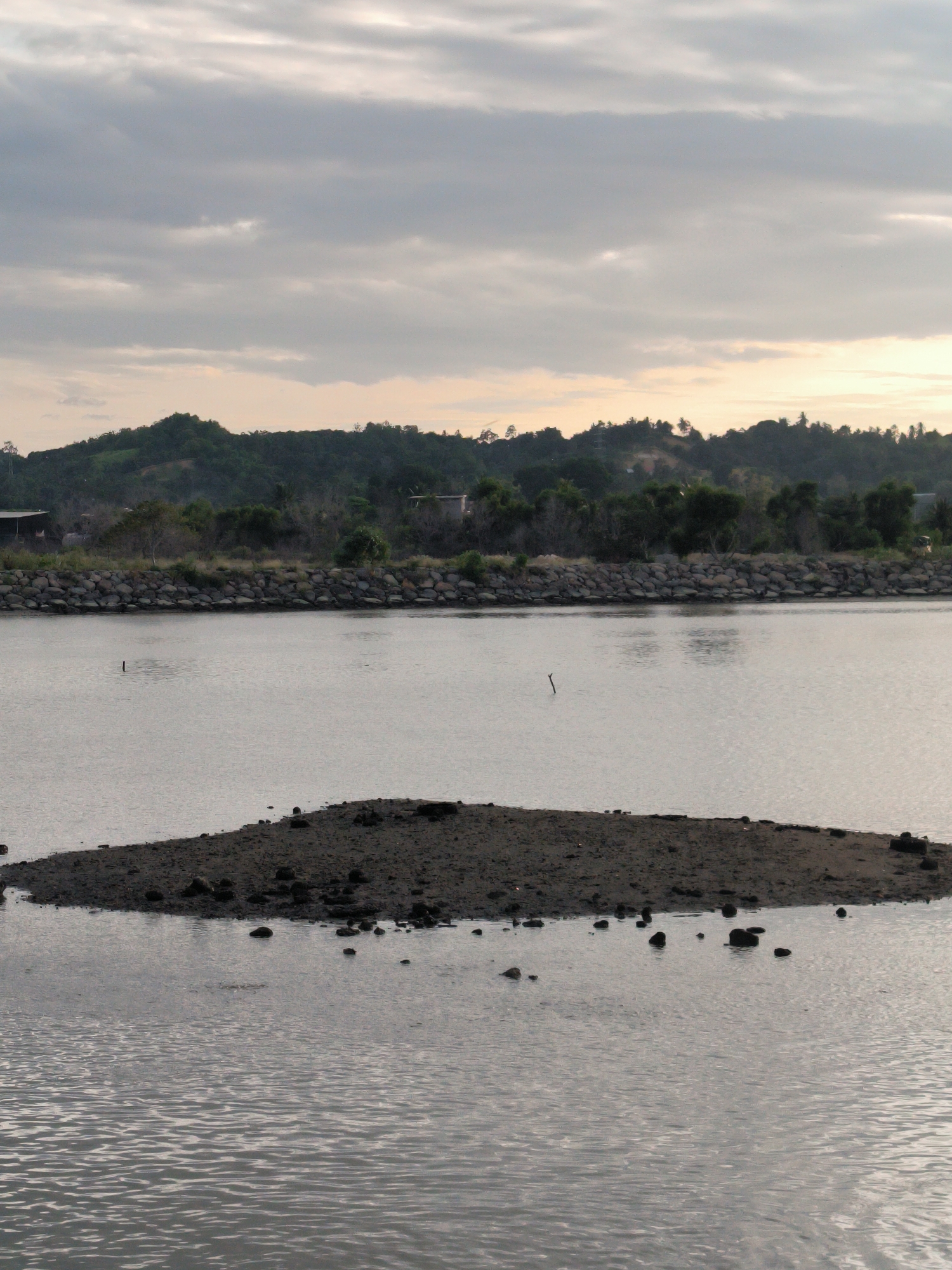 The image depicts a tranquil waterscape, likely a bay or estuary, under a cloudy sky suggesting either early morning or late evening light. In the foreground, a small, dark-colored, muddy island or shoal protrudes from the water, scattered with rocks and debris. The water's surface shows gentle ripples and reflections. In the middle ground, a shoreline is visible, reinforced with a barrier of large rocks. Beyond the rock barrier, a strip of land with dense green vegetation and scattered buildings extends along the horizon. The location is likely the city of Lhokseumawe, Indonesia. There are no people visible in the scene.