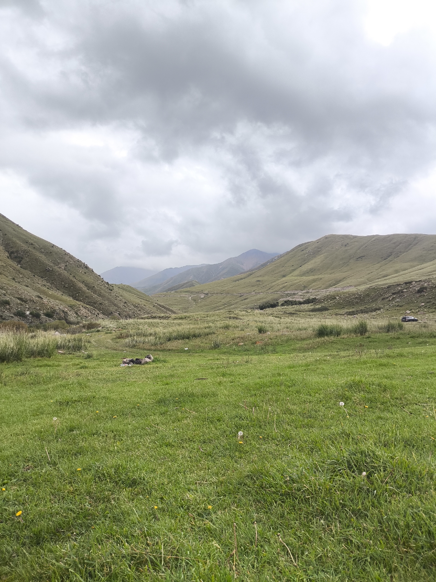 In a vast, verdant valley under a cloudy sky, a natural scene unfolds. The landscape is dominated by rolling, grassy hills that recede into the distance, their slopes dotted with sparse vegetation and rocky outcrops. A winding dirt road is visible traversing the middle ground, hinting at human passage. In the foreground, a well-worn campfire pit sits in the middle of a lush, green meadow, surrounded by scattered stones and what appear to be discarded logs. A dark-colored vehicle is parked further up the valley on the right side of the road. The sky is a canvas of gray, with breaks of lighter clouds suggesting the possibility of the sun breaking through. The overall impression is one of rugged, natural beauty, a remote location offering a sense of isolation and tranquility. The scene is located in the vicinity of Bolshevik, Kyrgyzstan.