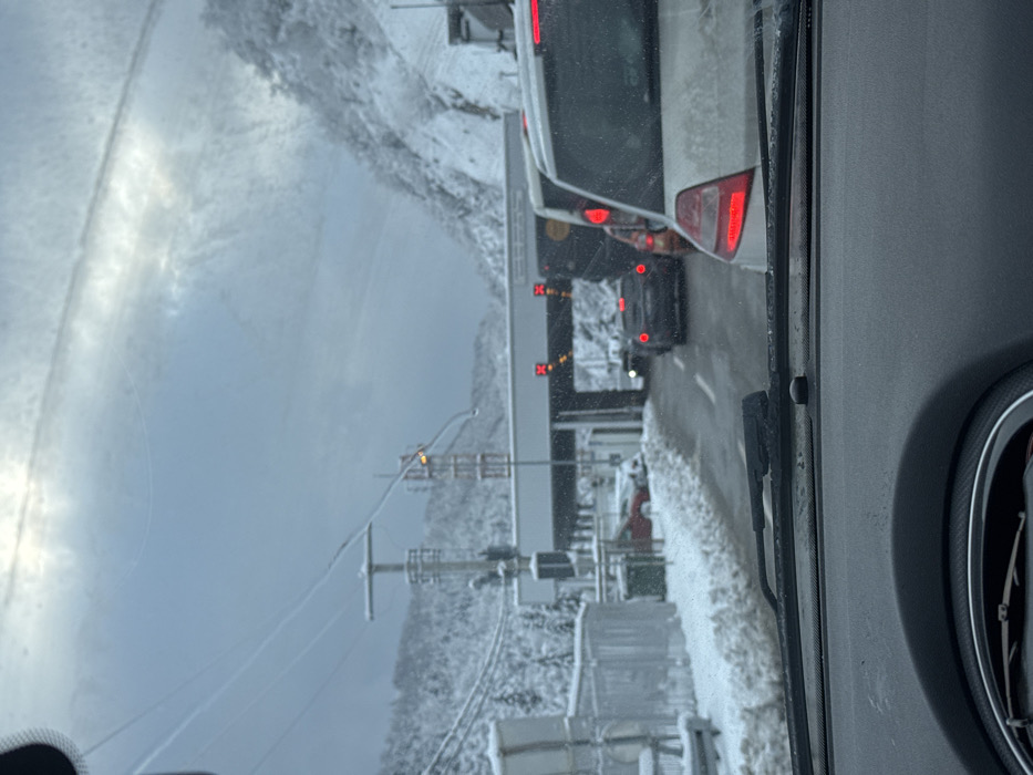 The image captures a winter scene in Tutin Municipality, Serbia, viewed from the interior of a vehicle through a cracked and smudged windshield, with a dark grey dashboard and windshield wipers in the immediate foreground. Traffic is observed queuing on a snow-lined road leading into a concrete tunnel entrance. Directly ahead, a white SUV or large hatchback displays illuminated red taillights. Behind it, a dark sedan also has its red taillights active. Red traffic signals are visible above the tunnel entrance, indicating a stop. Snow covers the ground, forming drifts along the roadside, and blankets the surrounding mountains and coniferous trees. Utility poles and overhead power lines are visible on the left side of the road, alongside a fence partially obscuring a red vehicle. The sky is overcast with visible light reflections.