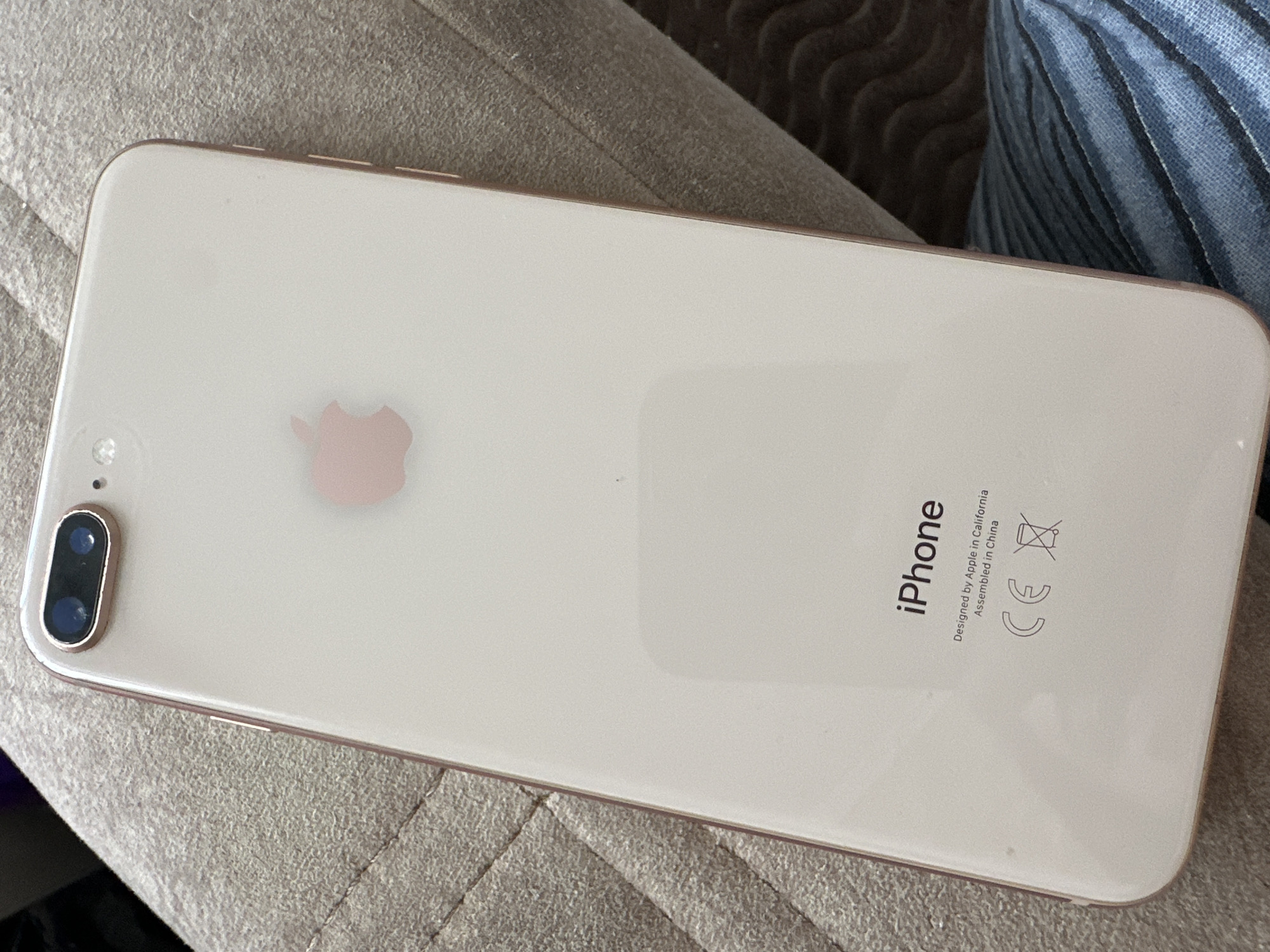 A close-up photograph features the back of a rose gold iPhone 8 Plus lying on a textured gray surface. The Apple logo is visible in the upper center, and the word "iPhone" along with regulatory markings are printed on the lower right. The dual-lens camera is located in the upper left corner. No people or other specific environmental details suggest it is located in Chamzinka, Russia.