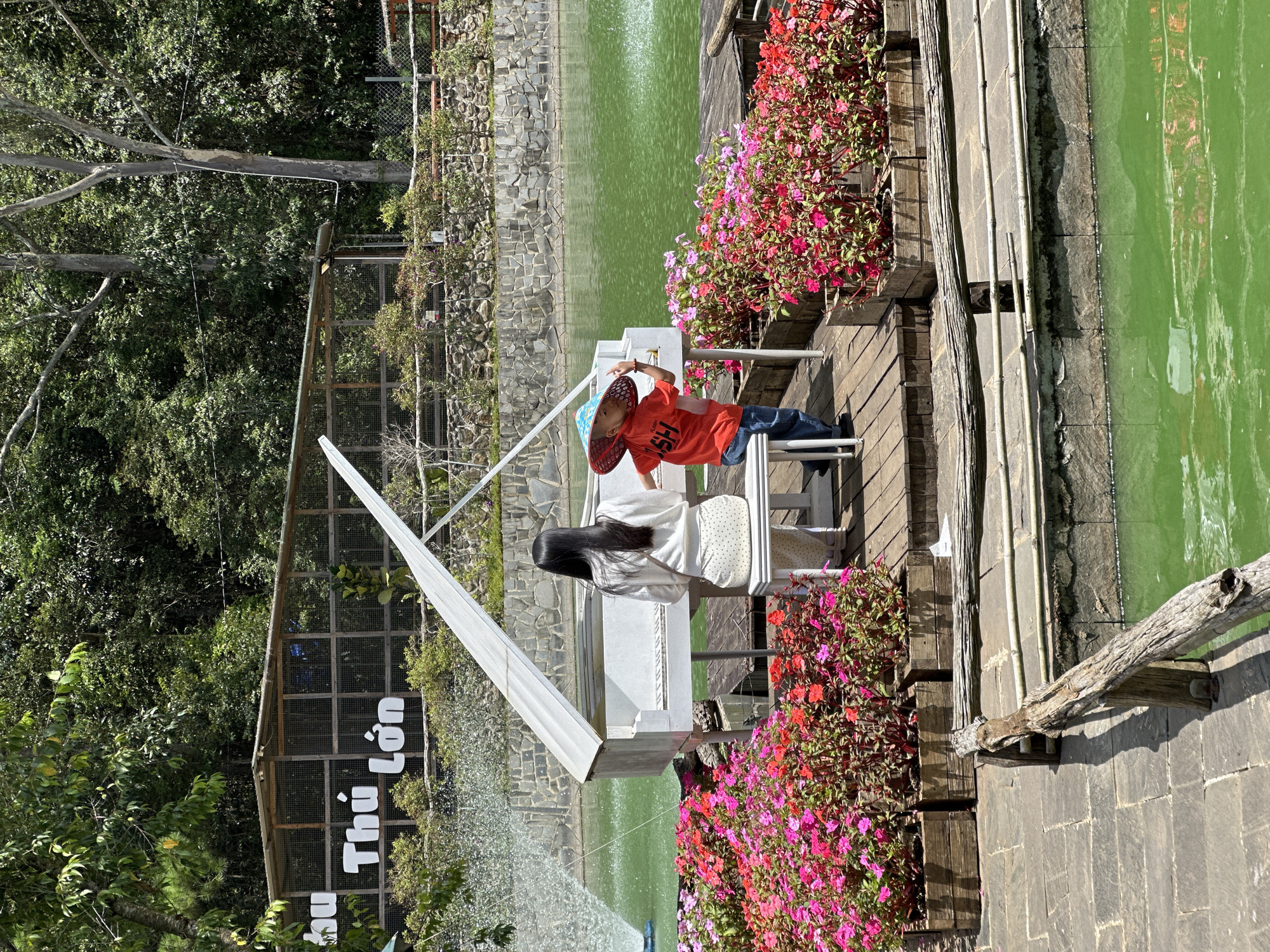 In the city of Cam Ly, Đà Lạt, Vietnam, a young boy in a red shirt and blue jeans, wearing a wide-brimmed hat, stands near a white grand piano. He is positioned to the right of the piano, his body turned away from the viewer. Beside him, a woman with long, dark hair, wearing a white sweater and polka-dot pants, is seated at the piano, also with her back to the camera. They are on a wooden platform surrounded by vibrant pink and red flowers in wooden planters. Behind them, a bright green body of water features a fountain spraying water. A stone wall and a wooden structure with wire mesh, possibly an enclosure, are visible in the background, along with lush green trees.