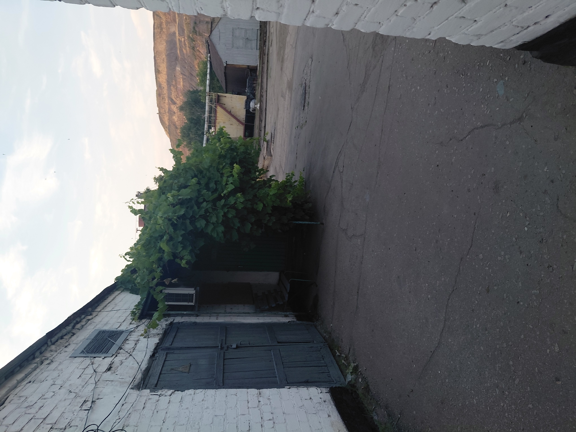 An outdoor, eye-level, full shot shows a fenced-in industrial area with a light-colored brick building on the left and a hill in the background. The building has large, weathered blue wooden doors and a vent above them. A bench is placed next to the doors, partially obscured by a large vine. The ground in front of the building is paved, with some cracks visible. In the middle ground, there is a yellow industrial structure and a smaller building with grey doors. Some livestock, possibly cows, are visible near the buildings. The background features a barren, layered hill under a pale sky with scattered clouds. The overall scene depicts an abandoned or underutilized industrial or agricultural area.