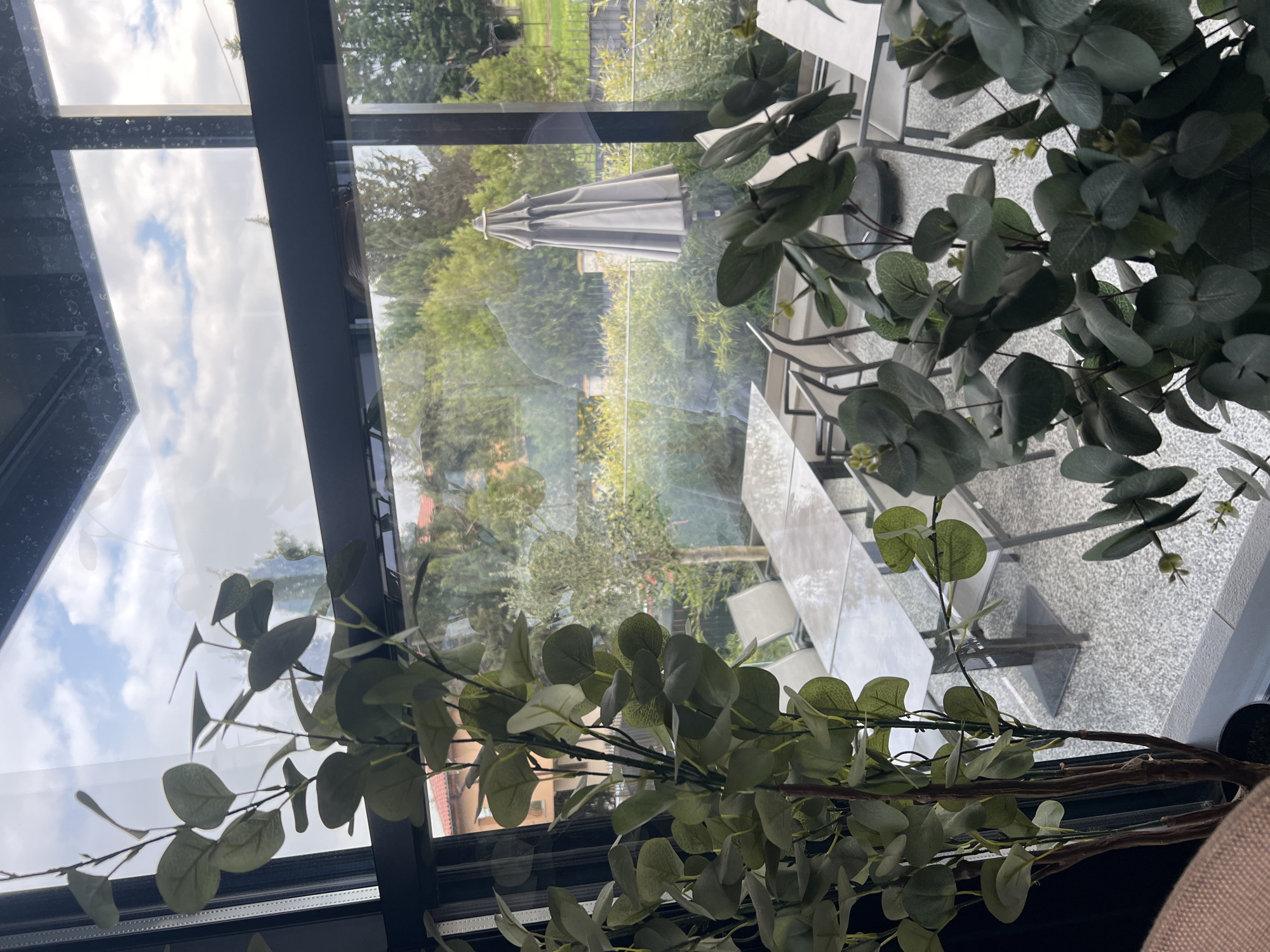 A partially obscured view from indoors, likely a restaurant or café in Burgas, Bulgaria, looking out onto an outdoor patio area. The view is through a multi-pane window with a black frame. Artificial eucalyptus leaves, mostly obscuring the view, are located inside, near the window. Outside, the patio area features white tables and chairs with a large, retracted umbrella. Beyond the patio, there is a green lawn, trees, and a glimpse of houses. The sky is visible in the upper part of the window, showing clouds.