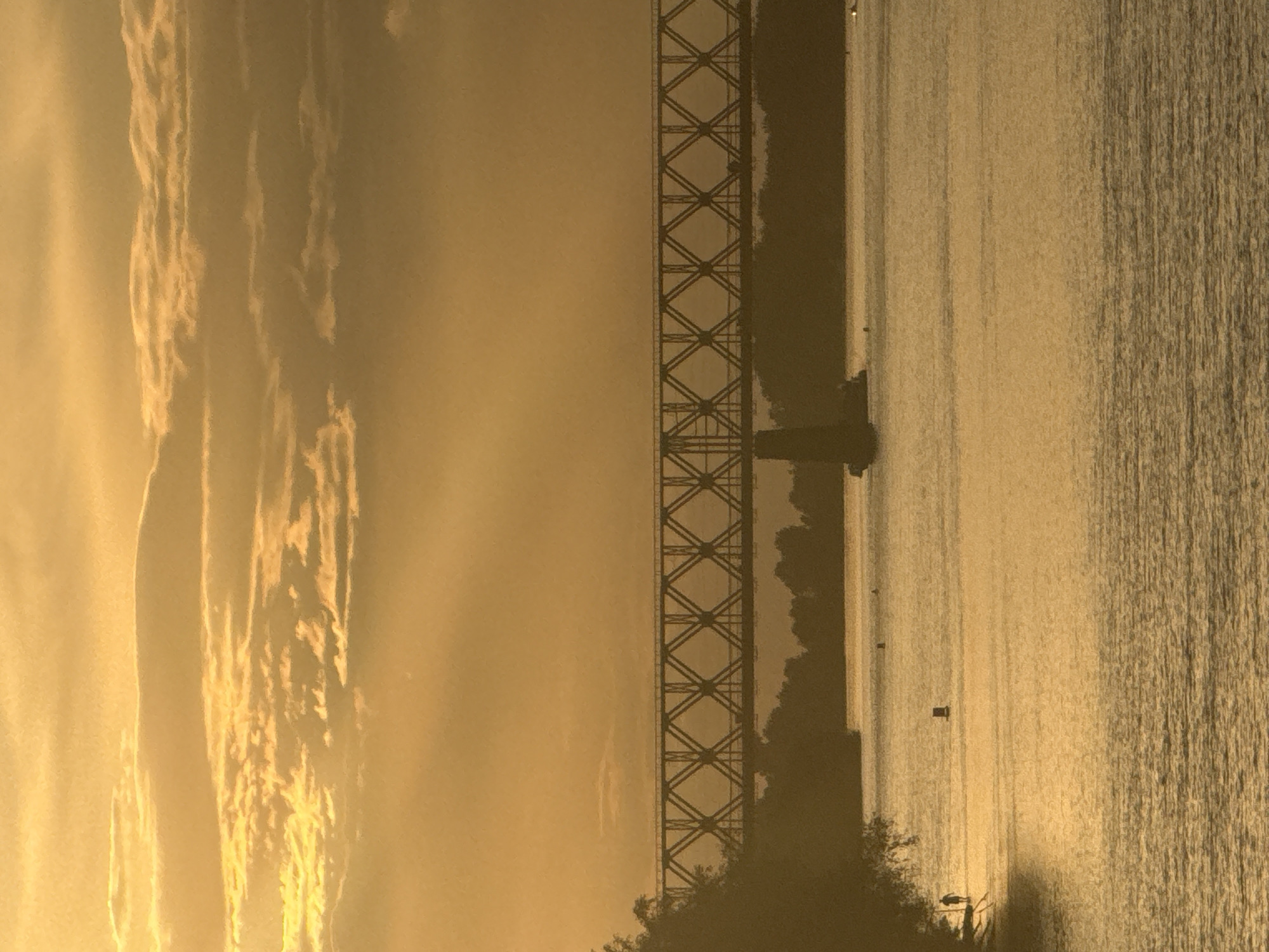 This media file depicts a scenic view of a bridge over a body of water, likely a river. The image is oriented vertically, suggesting it might be a photograph taken with a mobile phone.
The primary subject is a large, industrial-looking bridge, characterized by its lattice metal structure. The bridge spans across the water, connecting two unseen banks. A portion of the bridge's foundation or a pier is visible in the water, with a dark, shadowed mass suggesting its bulk.
The scene is set during what appears to be either sunrise or sunset, given the warm, golden light illuminating the sky and reflecting on the water. The sky is partially filled with wispy clouds, adding texture and depth to the overhead expanse. The water itself is calm, with gentle ripples creating a textured surface that catches the light. Along the far bank, a dense line of trees or foliage is visible, silhouetted against the glowing sky.
There are a few small, dark objects dotting the water, which could be buoys or small boats. On the right side of the image, the water exhibits a more textured, rippled appearance, typical of a larger body of water. On the left side, the sky is hazy and diffused with light, obscuring any distant details.
The overall mood conveyed by the image is tranquil and serene, with the warm light evoking a sense of peace and natural beauty. The location is identified as Pavlodar, Kazakhstan, which provides geographical context for this landscape. No text is visible in the image.