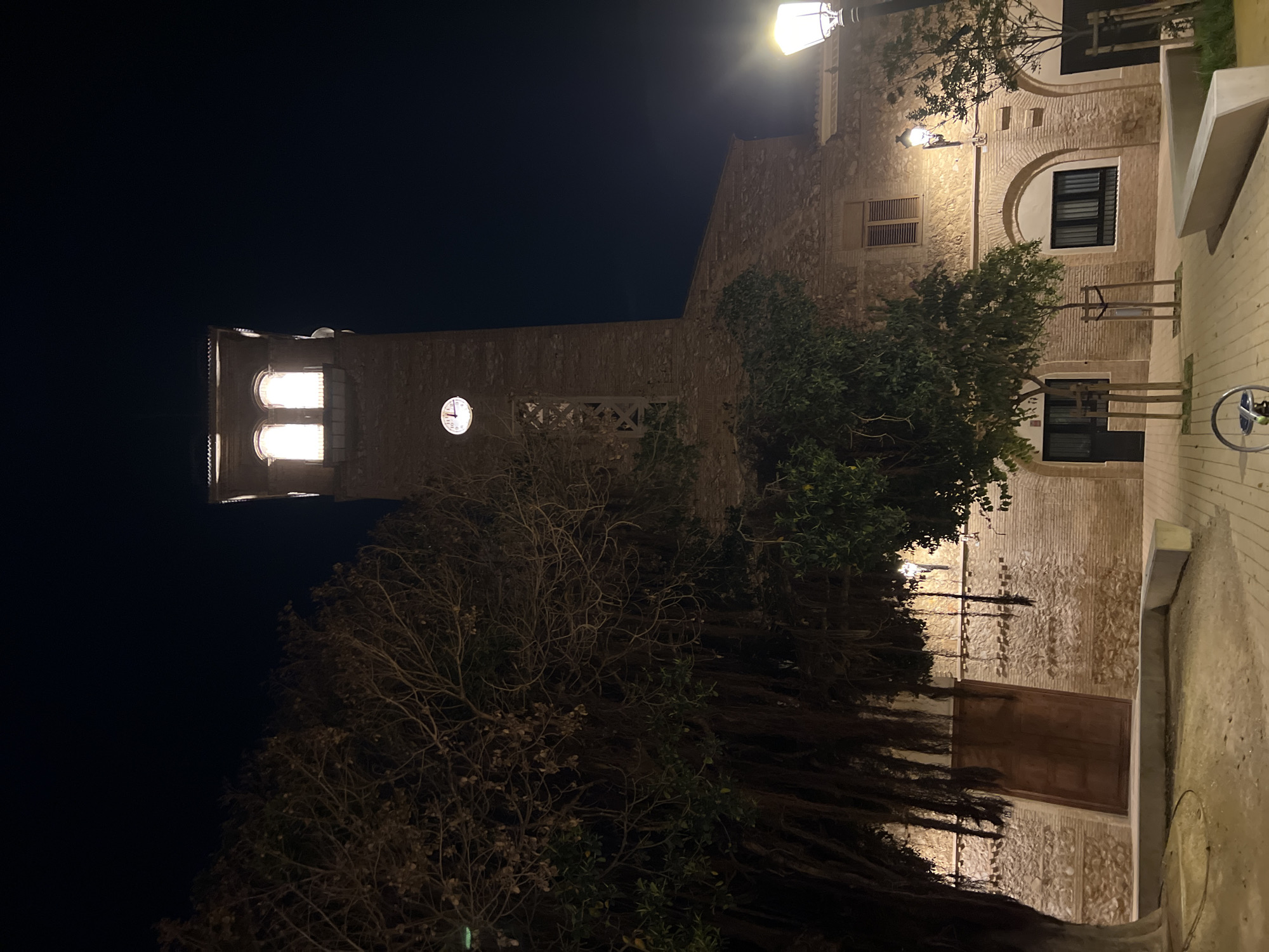 This nocturnal image captures a historical stone building, likely a church or tower, under a dark sky in La Torre, Spain. The central feature is a tall, sturdy stone bell tower, illuminated from within its upper section where two bright, rectangular openings suggest the presence of bells. Below these openings, a white circular clock face with black hands clearly indicates the time as approximately 10:10.
In the foreground and midground, a variety of trees stand. Some appear bare-branched and skeletal against the dark night, while others retain denser green foliage. One tree in the lower right seems to bear small, round fruit, possibly lemons or oranges.
To the right of the tower, a lower section of the same or an adjacent stone building is visible. This section features arched doorways or windows, a window with wooden shutters, and another with a dark grill. Overhead, a bright street lamp casts a warm, yellow glow onto the stone facade and the paved ground below. The paving stones are light-colored, suggesting a public square or pathway. A modern-looking concrete bench or low wall is positioned along the right edge of the frame, and a metal bicycle rack is partially visible at the bottom right.
The overall atmosphere is tranquil and historical, with the artificial lights creating strong contrasts between the illuminated architectural details and the deep shadows of the night. No human activity is visible, contributing to the peaceful ambiance of the scene. The weather appears clear. No explicit text is readable beyond the numbers on the clock face.
