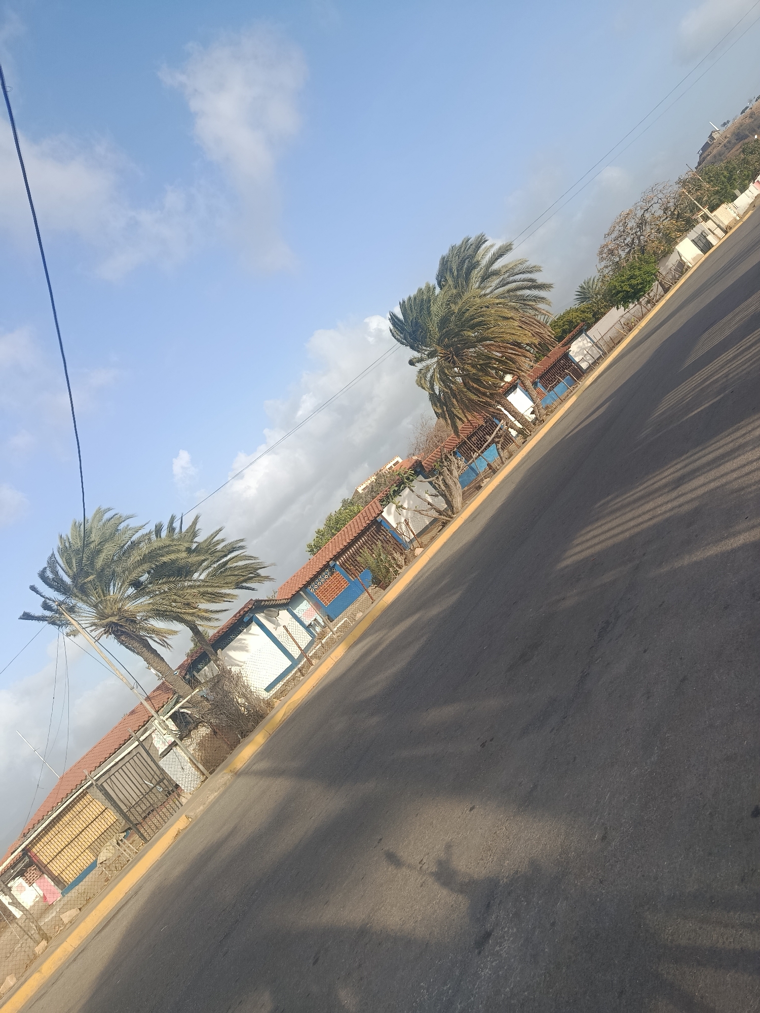 The image shows a street scene in Juan Griego, Venezuela. The road, made of asphalt, slopes upwards at an angle. A yellow line marks the edge of the road. On the left side of the road are houses with red tile roofs and blue and white walls. Fences separate the houses from the road. Two palm trees stand along the roadside. The sky is blue with some scattered clouds. A power line is visible in the upper left of the image. Shadows fall across the road from the right side of the image.