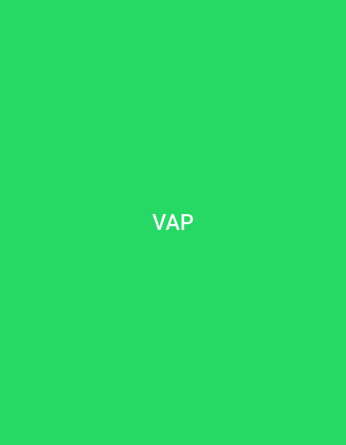 The image presents a uniformly solid green background. Centered on this green field are three uppercase white letters spelling "VAP." The image is purely graphic and abstract, devoid of any discernible features of a physical environment, specific objects, people, or actions. Therefore, it does not depict a specific location within the city of Casablanca, Morocco, or any other real-world setting.