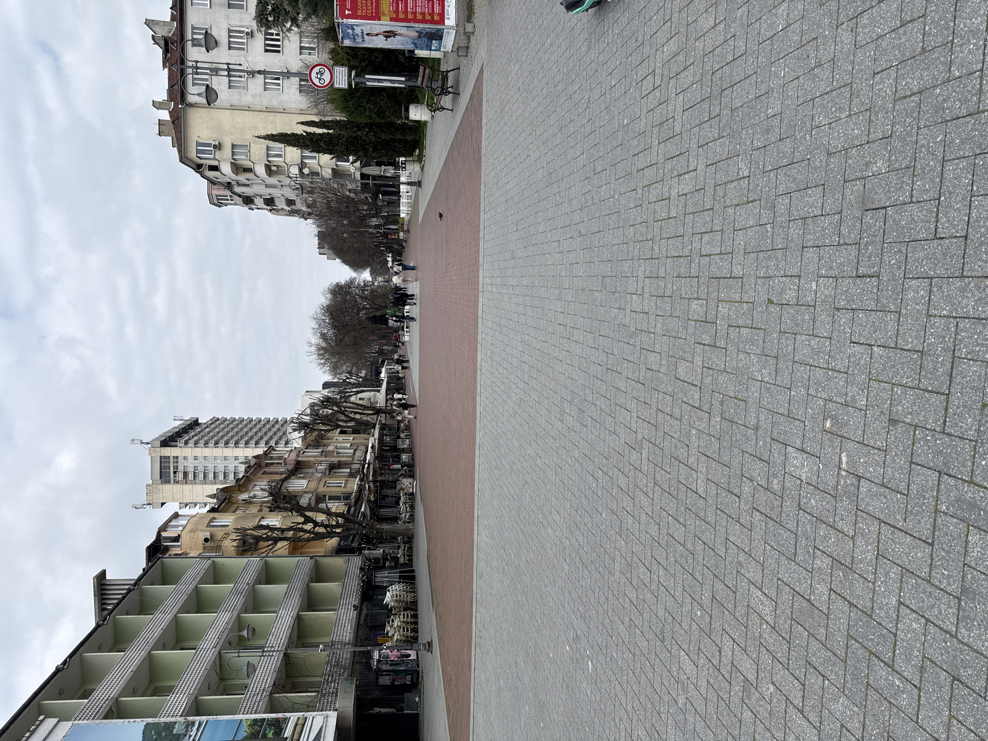 The image depicts a street scene in Varna, Bulgaria. The focus is on the paved pedestrian area, which consists of gray interlocking stone tiles arranged in a herringbone pattern on the right, and reddish-brown tiles on the left, dividing the image lengthwise. A sidewalk area separates the paved pedestrian area from the buildings on the left. The buildings are varied in architectural style, including residential buildings with balconies and more modern, taller buildings in the distance. Bare trees line the street. The sky is overcast, suggesting a cloudy day. There are a few distant indistinct people on the street. Details such as street furniture (benches) and signs are present along the edge of the pedestrian area.