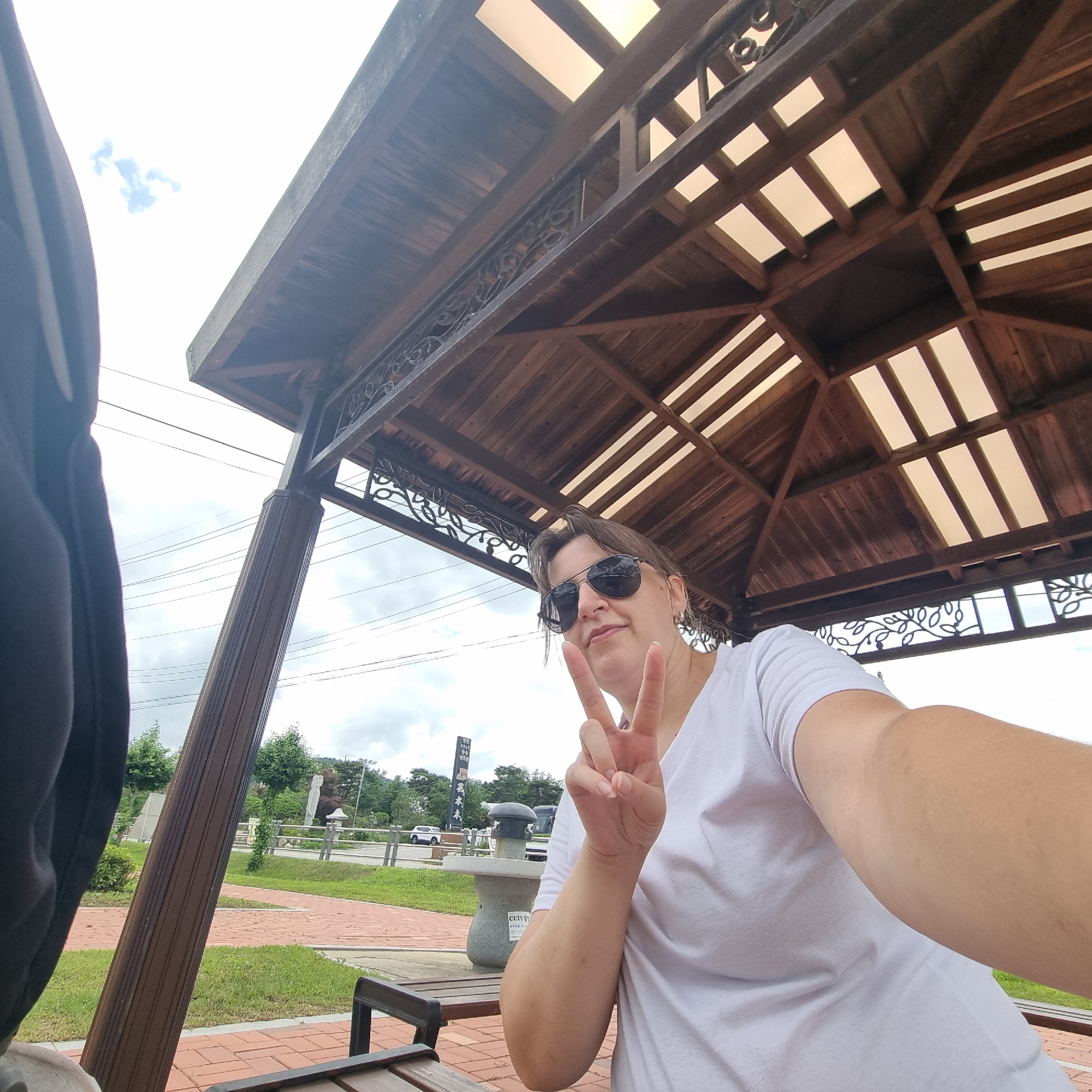 In an outdoor gazebo structure with a wooden roof, a woman with sunglasses and a white t-shirt is taking a selfie. She is making a peace sign with her right hand. Behind her, a park area with a paved walkway, grass, and trees is visible. In the background, there is a road with a few cars and power lines. The gazebo itself has a wooden frame and intricate metalwork along the eaves. The ground is covered with red brick pavers and green grass. The sky is overcast with some patches of blue. The overall scene appears to be a public park area.