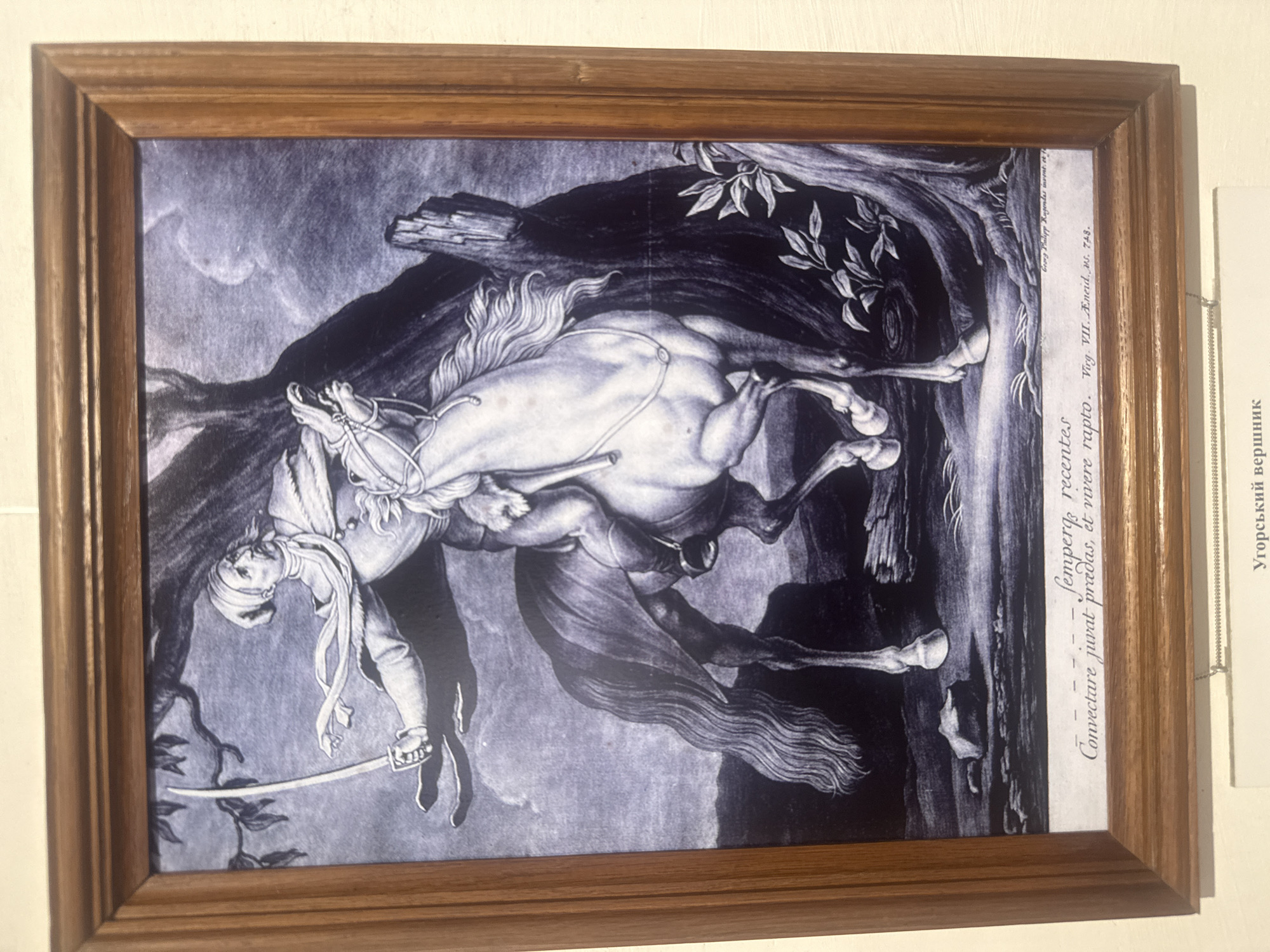 A framed, monochrome print hangs on a light-colored wall. The artwork depicts a horse and rider in a dynamic scene. The horse is rearing up with its front legs in the air, and the rider is leaning back, holding a sword. The background is dark and includes elements of nature, such as trees or foliage. Text is visible on the right side of the print, and a separate label with Cyrillic text is partially visible next to the frame. The location is a museum in Unknown, Unknown.