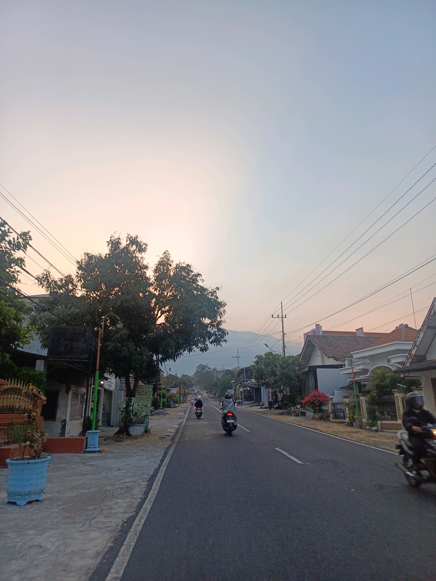 This is a vertical, eye-level shot taken at dusk on a road in the city of Kalang, Indonesia. The sky is a soft gradient of light blue fading into pale orange, indicating either sunrise or sunset. A large tree with dense foliage dominates the left side of the frame, silhouetted against the sky. On the left side of the road, there are small shops and residential buildings with tiled roofs. A blue planter pot sits on the sidewalk in the foreground. The asphalt road itself has a white line marking the edge. Several motorcycles are visible on the road, with riders wearing helmets. In the distance, a hazy mountain range is faintly visible against the horizon. Overhead, power lines crisscross the sky, supported by utility poles. The scene appears quiet and serene, typical of a rural or suburban area in Indonesia during twilight.