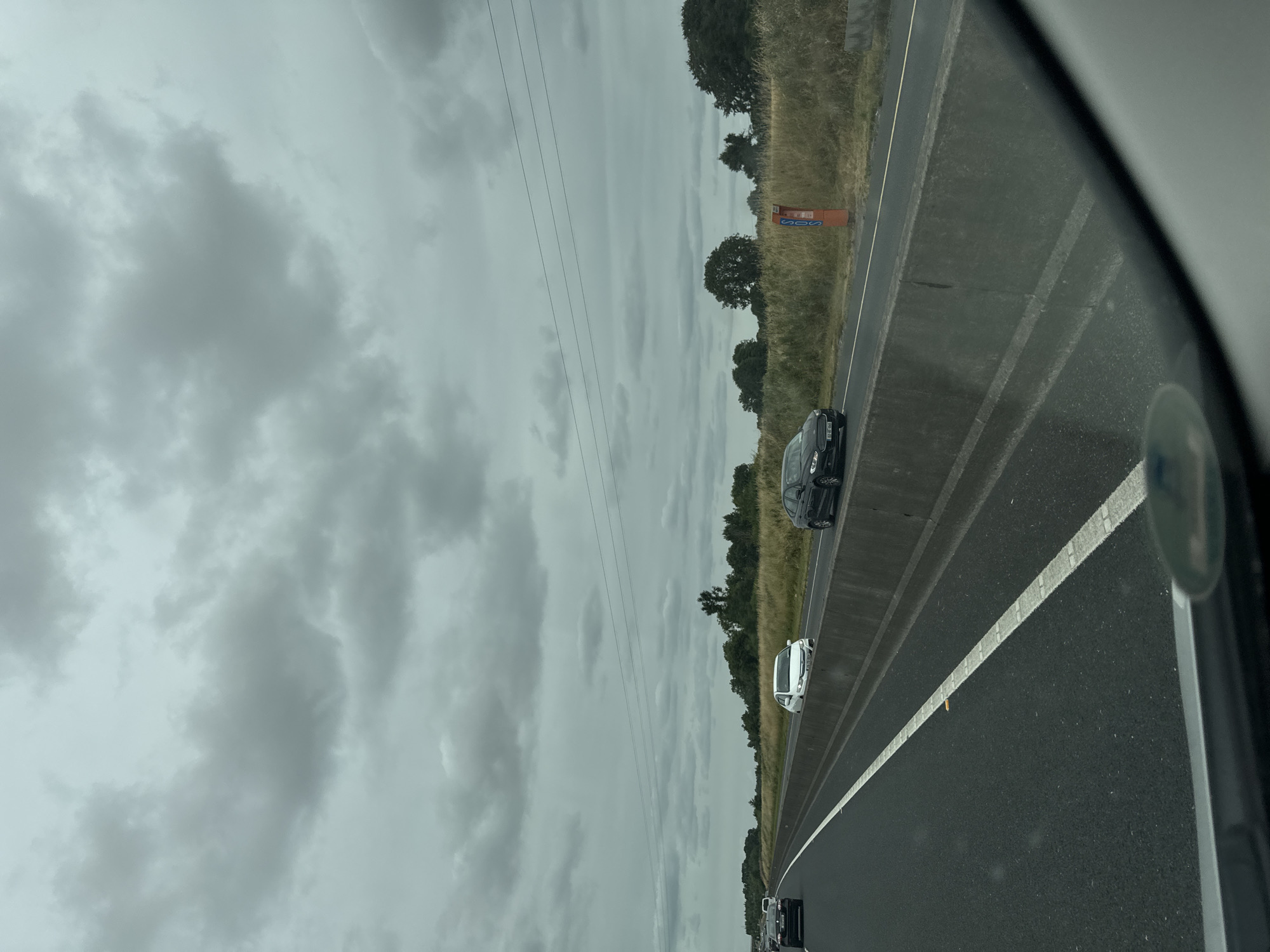 The image depicts a highway scene on a cloudy day, likely in or near Kilgowan Cottages, Ireland, given the presence of an orange SOS telephone box, a common sight on Irish motorways. The perspective is from inside a vehicle, looking forward along the highway. The road is asphalt with white lane markings.
On the left side of the highway, several cars are visible, traveling in the same direction. A white car is in the middle lane, and a black car is in the far lane. On the right side of the highway, separated by a concrete barrier, a grassy verge runs alongside. A black car is in the rightmost lane. A bright orange SOS telephone box stands prominently on the grassy verge, with the word "SOS" visible in blue letters. The background consists of a line of trees and vegetation. The sky is overcast with heavy grey clouds.
