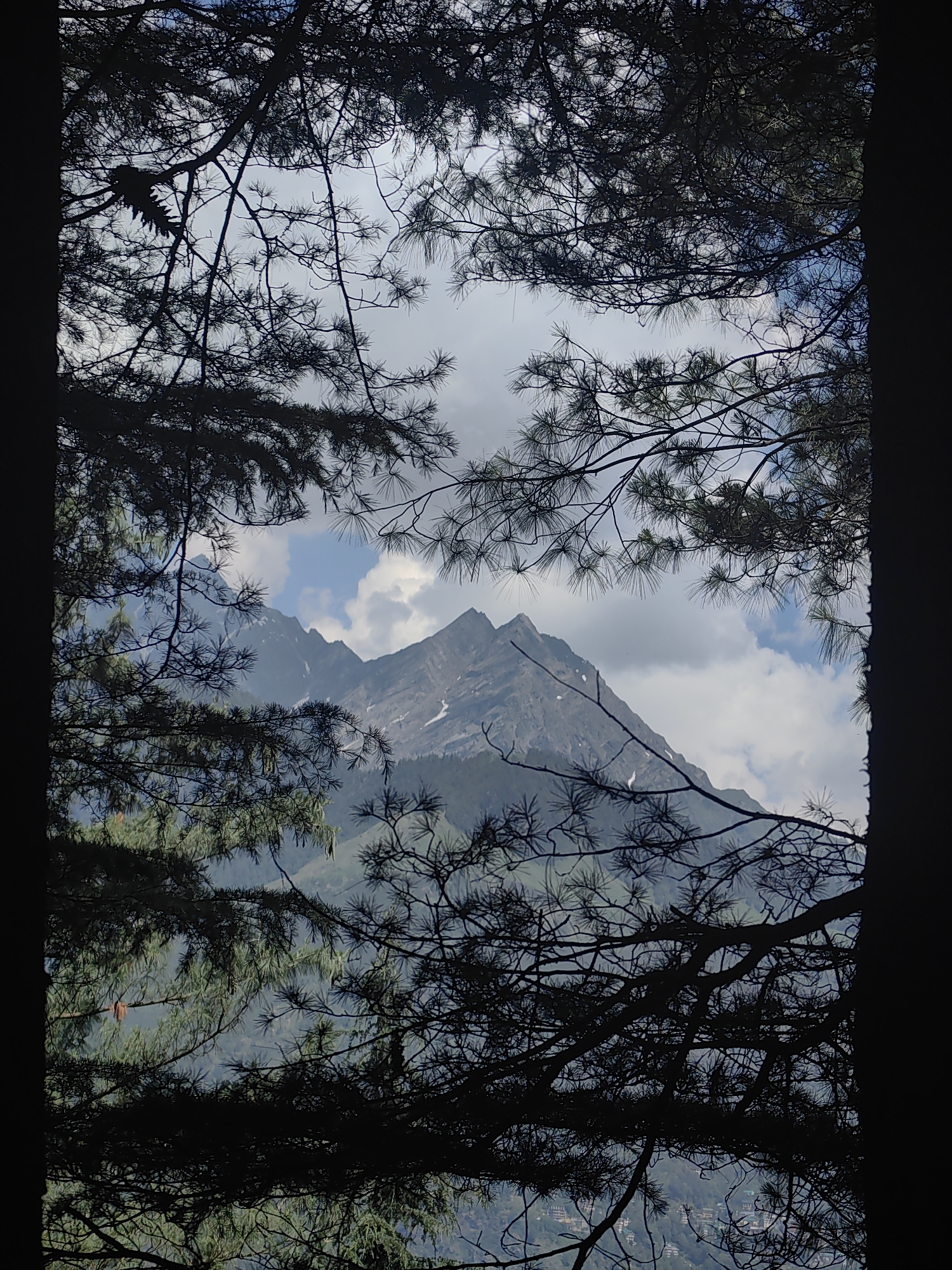 The image shows a mountainous landscape viewed through the branches of pine trees. The prominent subject is a jagged, snow-capped mountain peak in the distance, partially obscured by clouds. In the foreground, dark silhouettes of pine branches and needles frame the view, creating a natural vignette. The sky is a mix of blue and white clouds. The lower part of the image reveals a hazy view of a hillside with some scattered structures, possibly indicating a settlement. The overall impression is one of natural beauty and a sense of depth. This image is from Shanag, India.