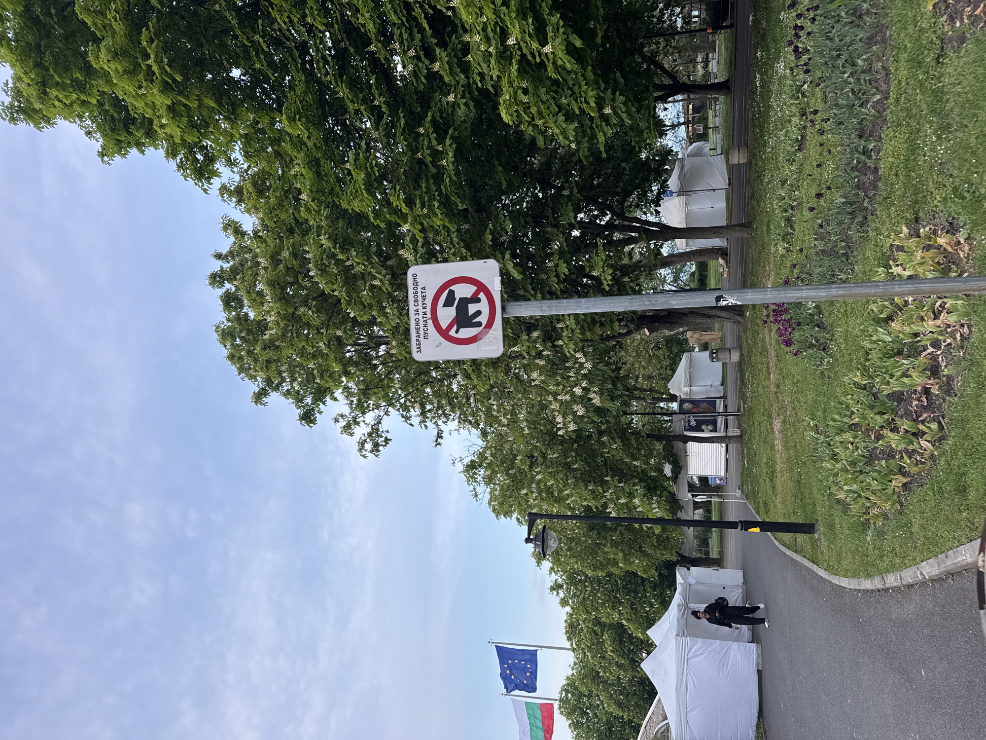 The image shows a scene in what appears to be a park or green space in Burgas, Bulgaria. A "No Dogs Allowed" sign, written in Bulgarian, stands on a pole near a walkway. The walkway is lined with tents, suggesting a fair or outdoor market. A person is walking along the path. The flags of the European Union and Bulgaria are visible in the lower portion of the image. Green foliage from trees surrounds the scene, and a patch of grass and flowers is on the right. The sky is light blue with some clouds.