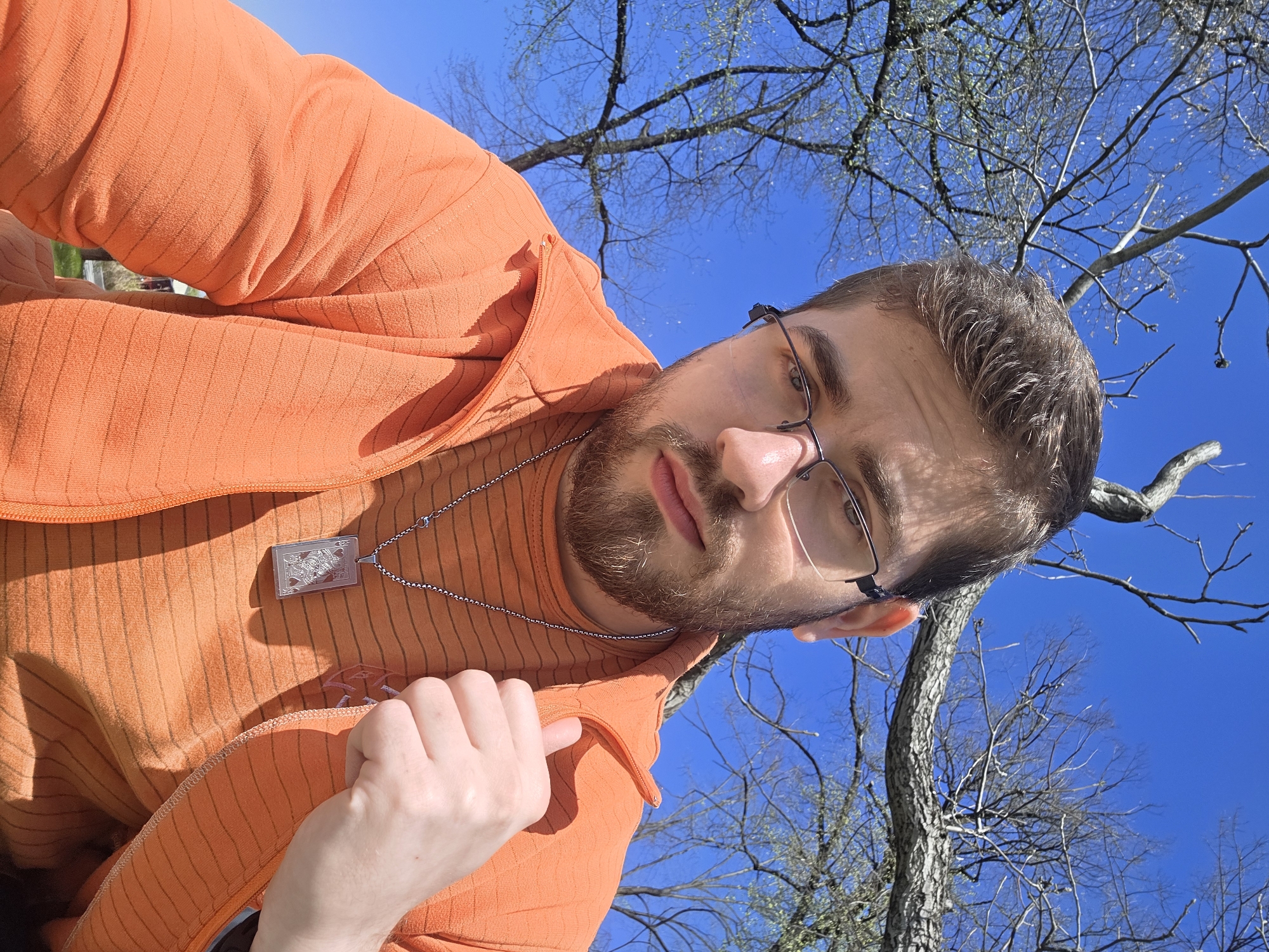 A low-angle selfie portrait depicts a man with a beard and glasses wearing an orange zip-up shirt and a silver necklace with a rectangular pendant. The background features a clear blue sky and bare tree branches. The man is holding the front of his shirt with his hand. It is unlikely that this image was taken in Plovdiv, Bulgaria, because the landscape is not detailed enough to determine the location.