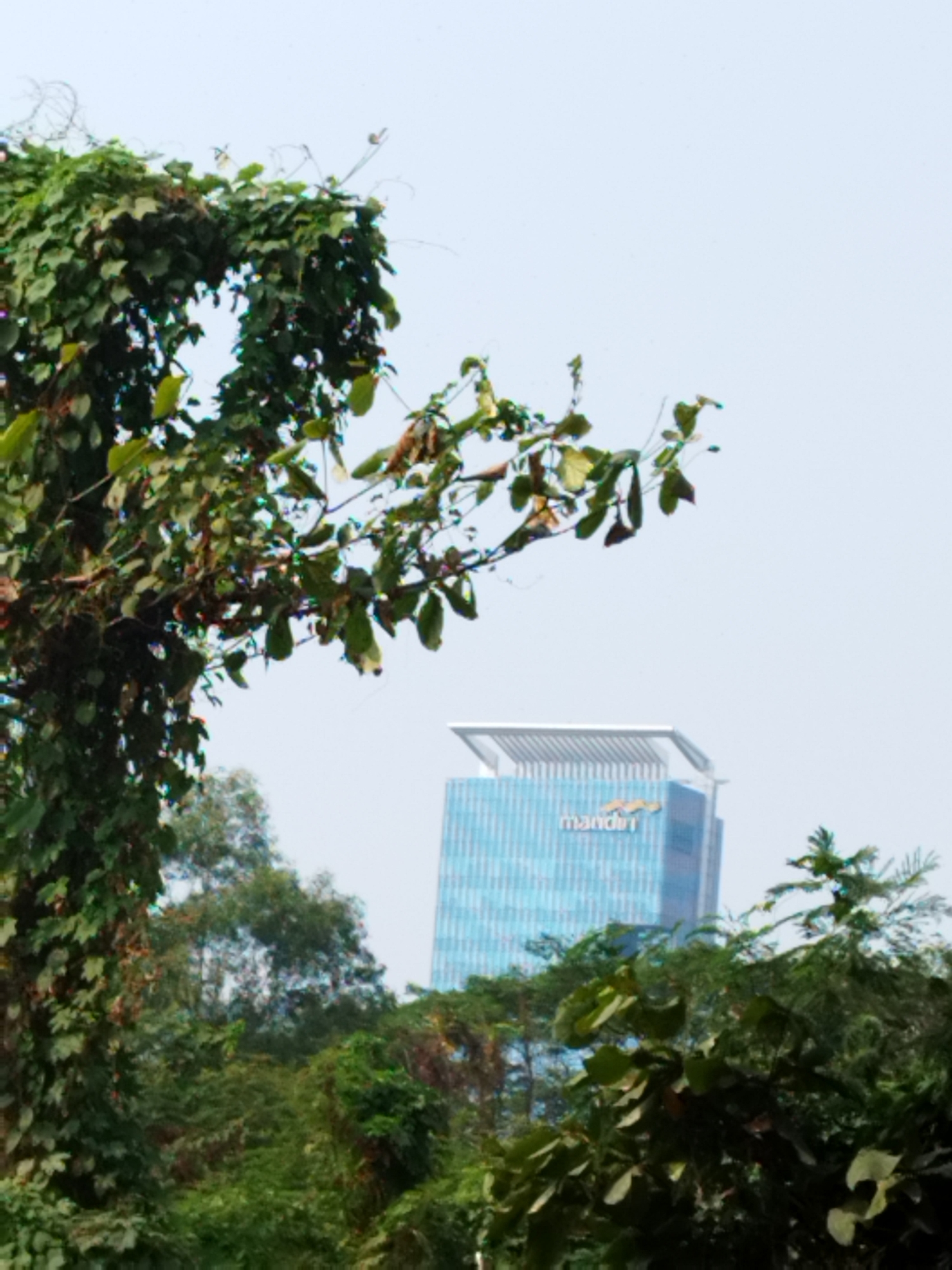 In the city of Bekasi, Indonesia, a close-up shot shows lush green foliage in the foreground. Beyond the vegetation, a tall, modern skyscraper with a blue glass facade is visible. The building features a distinct white structure at its peak and the word "mandiri" is emblazoned across its front in white text. The sky is clear and light blue, suggesting daytime.