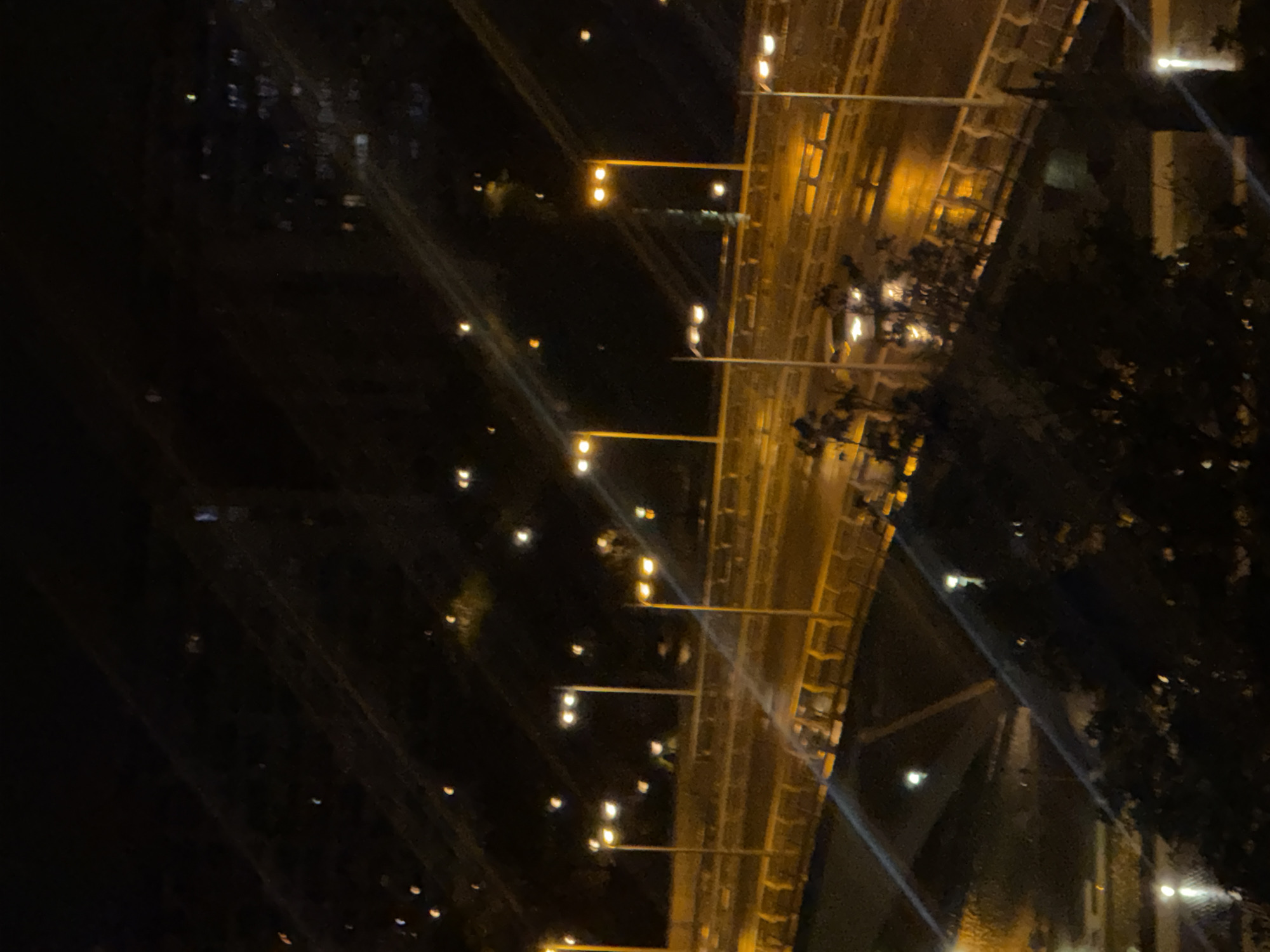 Here's a detailed description of the image:
The image depicts an aerial view of a road at night. The road is illuminated by a series of streetlights, casting a yellowish glow onto the pavement. The road appears to be elevated, possibly part of a bridge or overpass. Adjacent to the road, there are trees and other vegetation, with their silhouettes visible against the dark sky. In the distance, faint lights suggest a cityscape or urban environment. The overall scene is dark, with the streetlights and vehicle lights providing the main sources of illumination.
