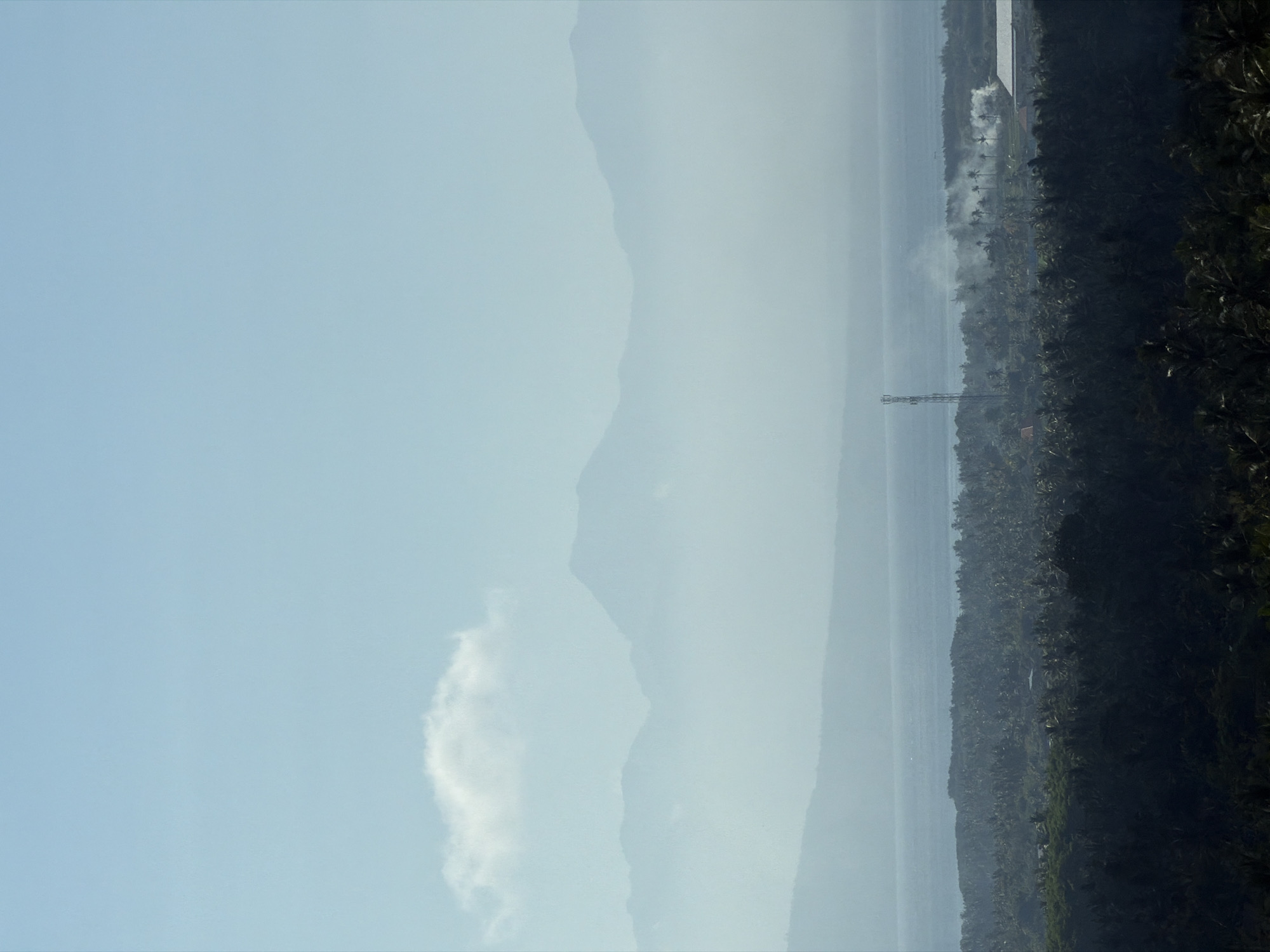 This image depicts a panoramic view of a tropical landscape. In the foreground, a dense forest of palm trees recedes into the mid-ground. Beyond the forest, a body of water, likely the sea, is visible. In the distance, a chain of mountains is shrouded in haze. On the coastal plain, a telecommunications tower stands tall amidst a cluster of buildings and vegetation. Smoke plumes rise from several points in the mid-ground, suggesting industrial activity or controlled burning. The sky is a pale blue with a single, wispy cloud. The overall impression is one of a coastal region in Indonesia, possibly Dadapan, characterized by lush vegetation, water, and distant mountains, with signs of human development and activity.