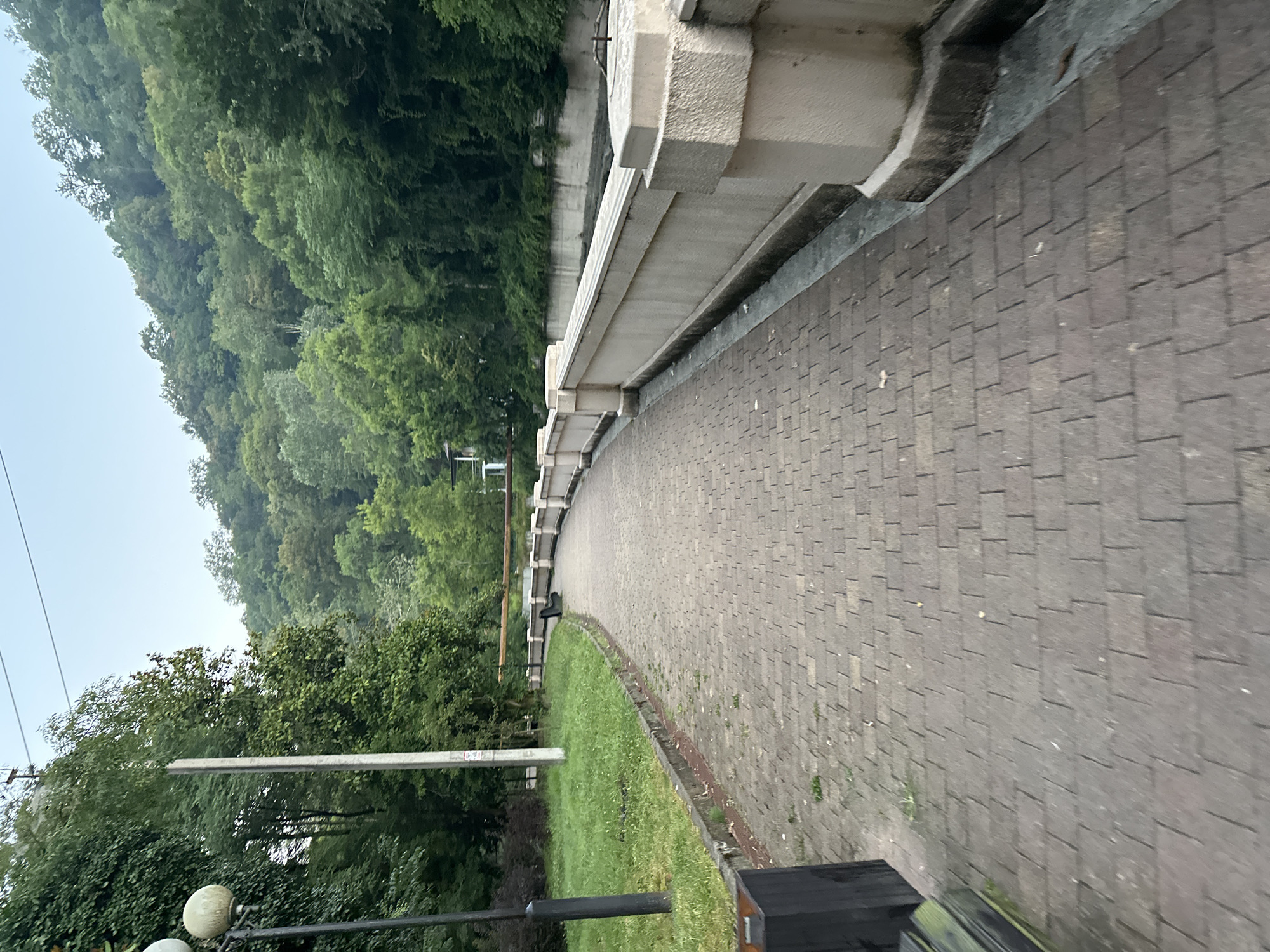 A paved walkway curves through a park in Sochi, Russia, bordered by a stone railing on the right and a grassy area with a lamppost on the left. Trees and a densely wooded hillside dominate the background under a cloudy sky. The walkway is constructed of interlocking rectangular bricks laid in a pattern. The railing is made of light-colored stone with decorative pillars. A single black trash receptacle is visible on the lower left of the frame. The scene depicts a tranquil park setting.