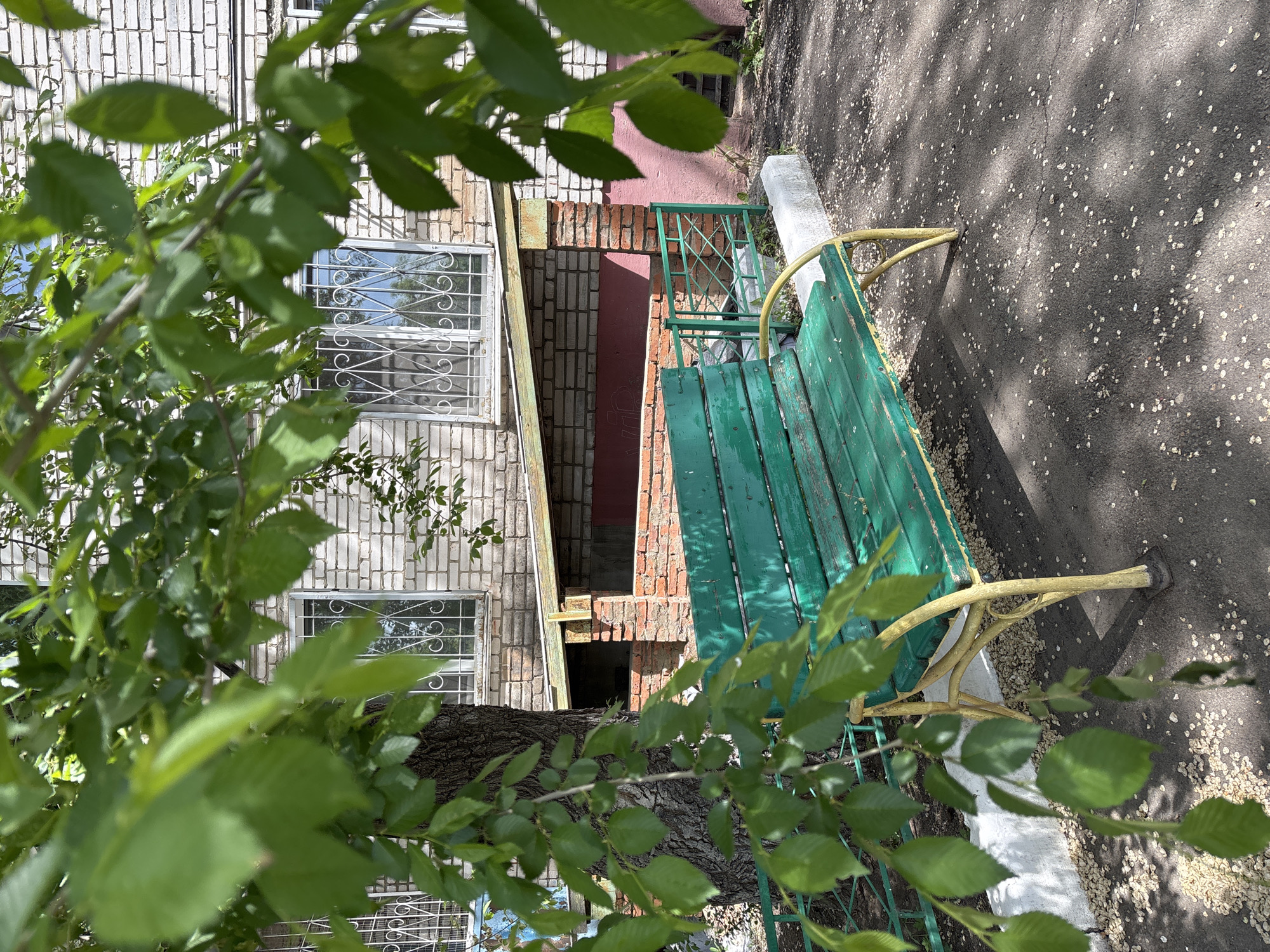 The image shows a green bench with yellow metal supports positioned on a gray asphalt surface scattered with light-colored debris, likely blossoms or small leaves. The bench sits adjacent to a building with a pale brick facade and barred windows. A tree trunk with green leaves is partially obscuring the view of the building and bench, creating a natural framing effect. To the side of the brick building is a recessed area constructed from red brick with a dark, open entryway. The scene is brightly lit, suggesting it is daytime, and the location is in a city of Unknown, Unknown.