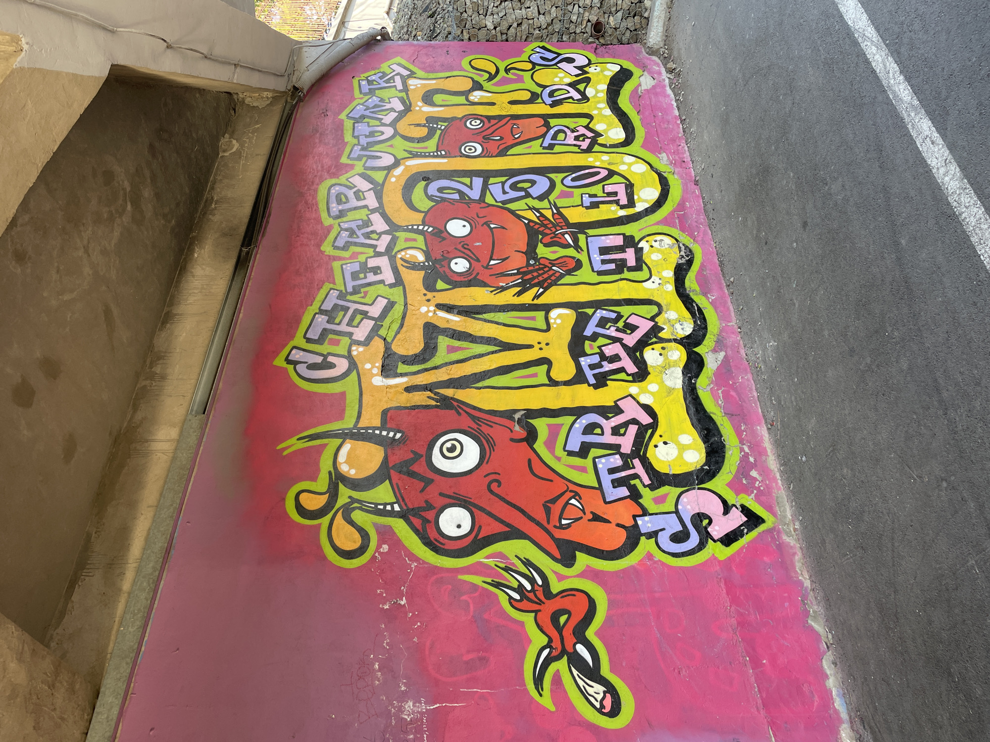 A graffiti mural adorns a pink retaining wall next to an asphalt road. The mural is brightly colored, predominantly featuring shades of pink, yellow, green, and purple. It includes cartoonish devil faces. The lettering is bold and stylized. The mural is located in the city of Krasnoyarsk, Russia. The location is under a concrete overpass.