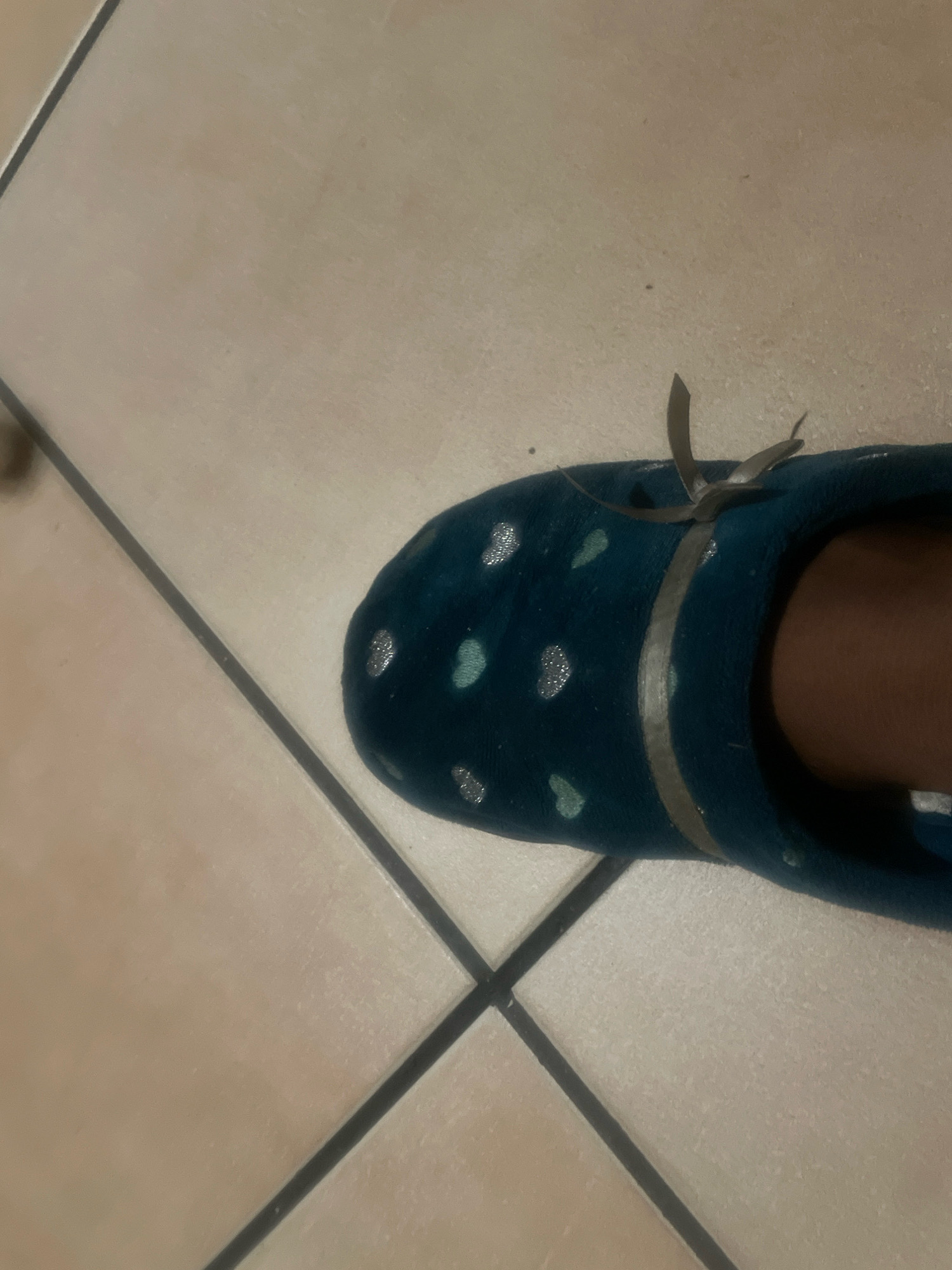 A close-up, overhead shot shows a teal slipper with a silver band and a bow on the top of a foot. The slipper has a pattern of light blue and silver heart shapes. The foot and slipper are on a light-colored tile floor with dark grout lines. The background is out of focus. This scene is located in Bronkhorstspruit, South Africa.
