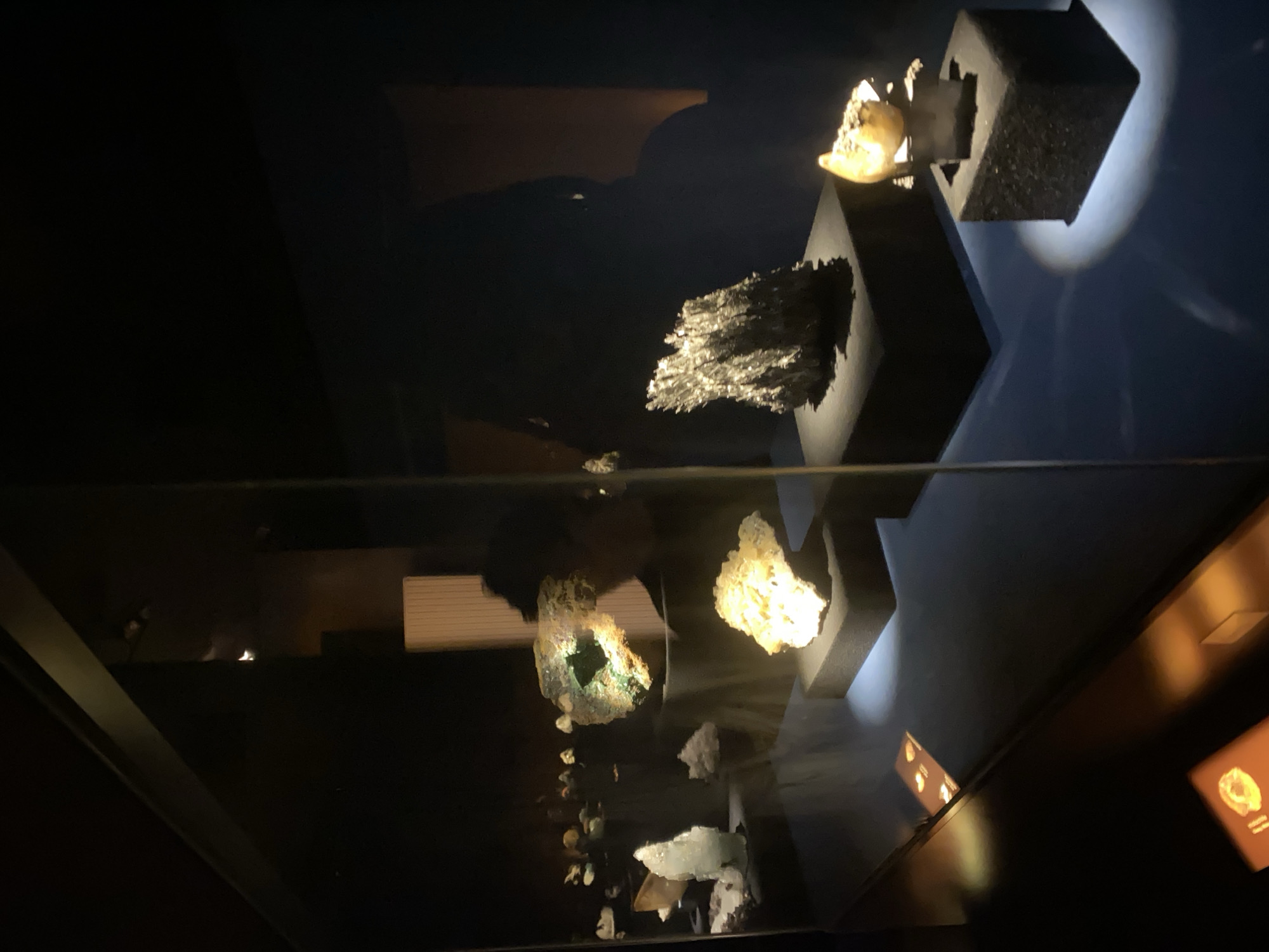 The image shows a display case containing mineral specimens, possibly within a museum or exhibition. The specimens are mounted on dark, geometric stands. The lighting is focused, highlighting the minerals. The reflections in the glass case create visual complexity. There is a person reflected in the glass. Without further context, I cannot confirm the location as Grenoble, France.
