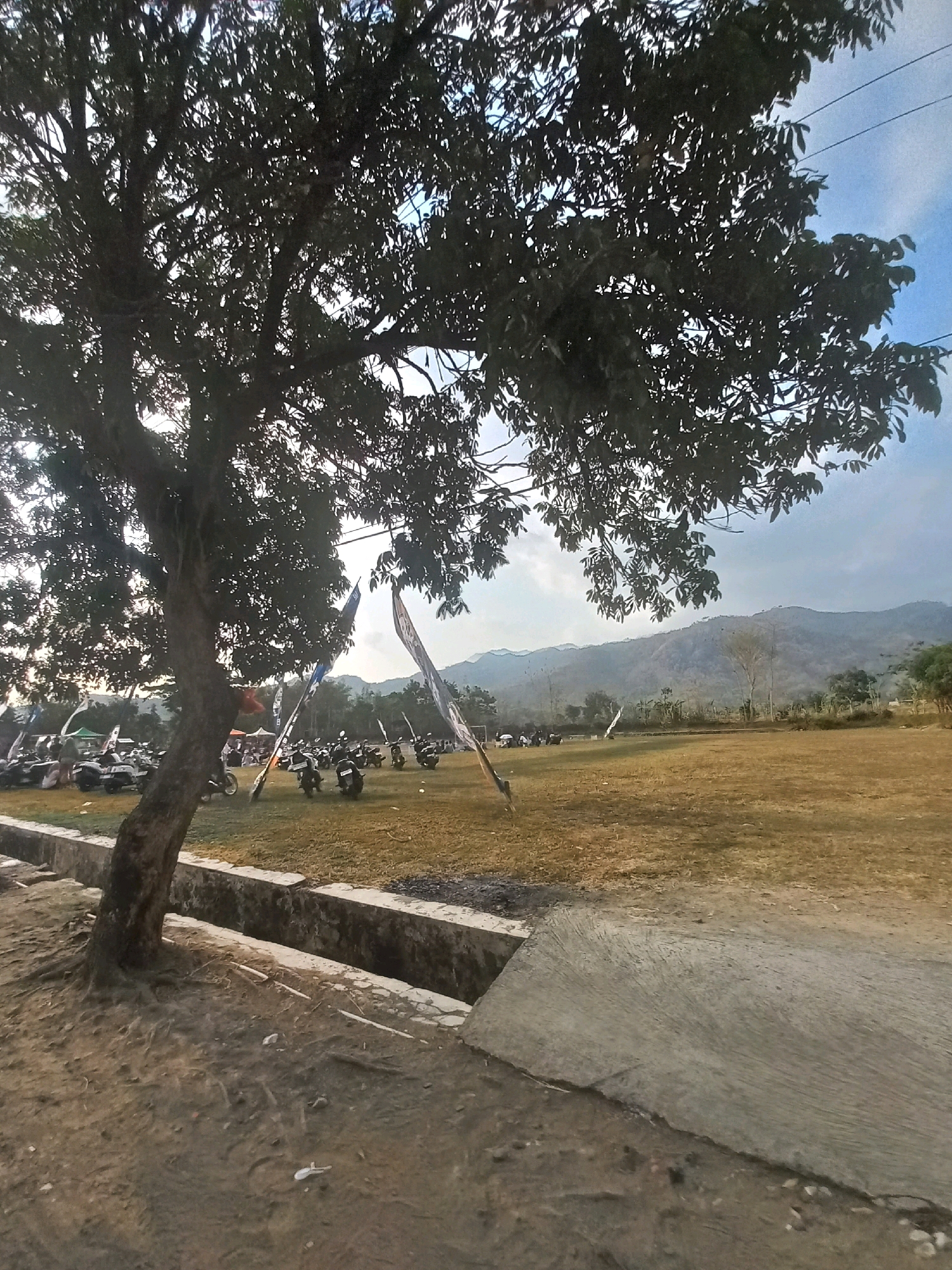 In Girirejo, Indonesia, a wide, dry, grassy field stretches towards a distant, undulating mountain range under a hazy sky. A large, leafy tree dominates the left foreground, its thick trunk and branches casting shadows. To the right of the tree, a concrete drainage ditch runs along the edge of the field. Several motorcycles are parked on the grass, suggesting an event or gathering. Two tall flags, one white with blue accents and another with a white and blue patterned design, stand upright among the motorcycles. A few people are visible in the distance, near the motorcycles and a cluster of tents. The ground in the immediate foreground is rough and sandy, with exposed tree roots.